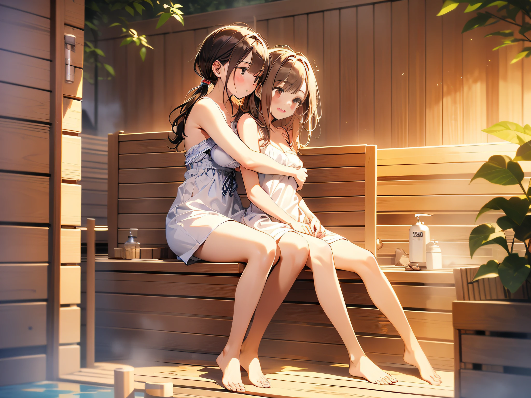 in 8K、top-quality、​masterpiece、ultra-detailliert、Ultra-high resolution、((two individuals))、2 girls、brown haired、poneyTail、((((Sauna room))))、((perspiring))、Red face、Wrap a bath towel around your body、((steams))、Flirting、hug from behind