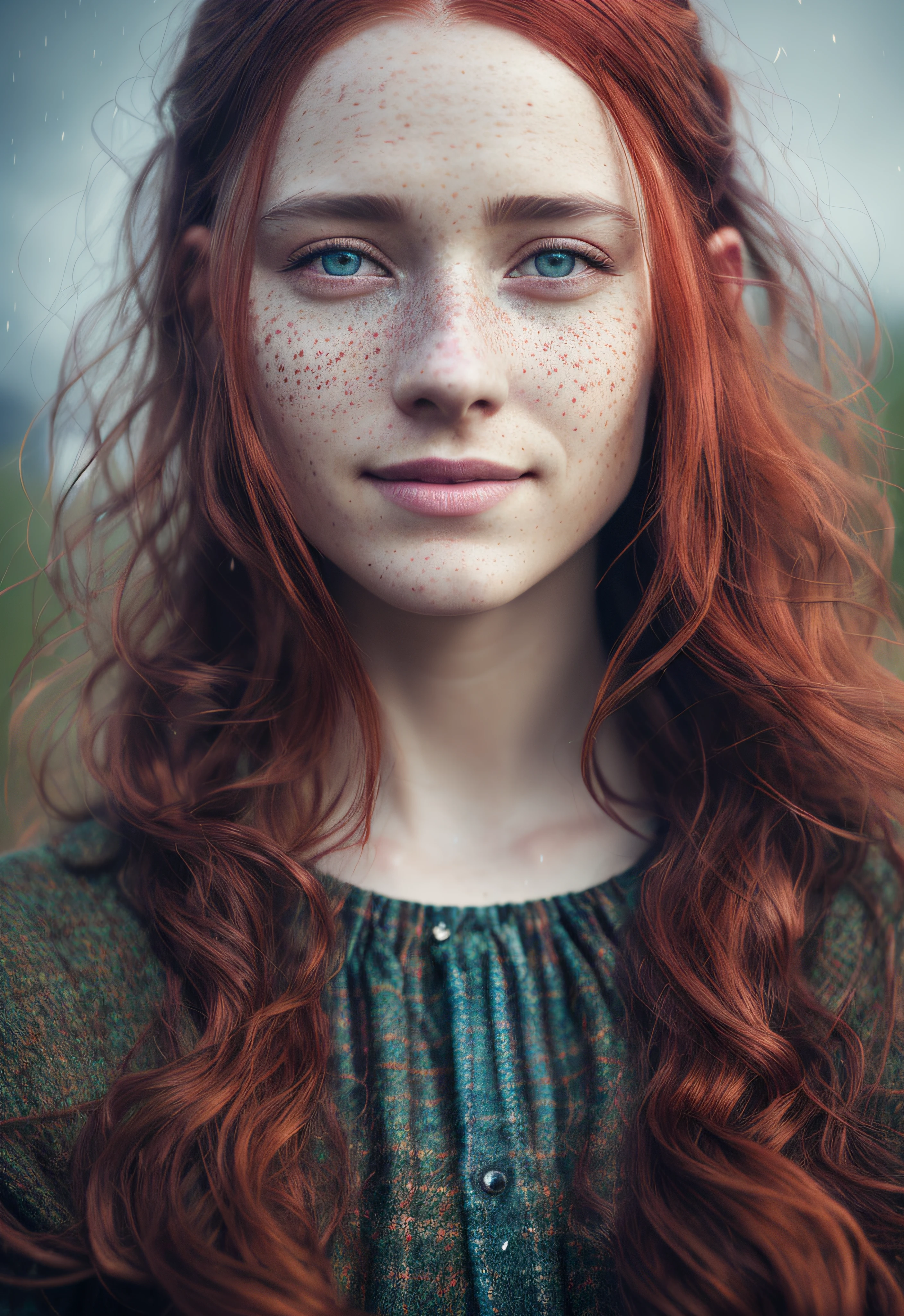 ultra hyper realistic award winning full body photo of a single European female, freckle face, full body, 32 yo, beautiful face, posing, smile, long red hair, cinematic, fine details, 8k, dark shot, soft volumetric lights, backlit, cinematic, intricate details, ArtStation cell shading, digital art, bloom, dark and gloomy full body 8k unity render, female teen,, Blue yonder hair, wearing traditional Scottish highland dress, porcelain cracked skin, skin pores, detailed intricate iris, very dark lighting, heavy shadows, detailed, detailed face, (vibrant, dramatic, dark, sharp focus, 8k) walking on highlands, heather, in heavy rain, wet clothes wet skin