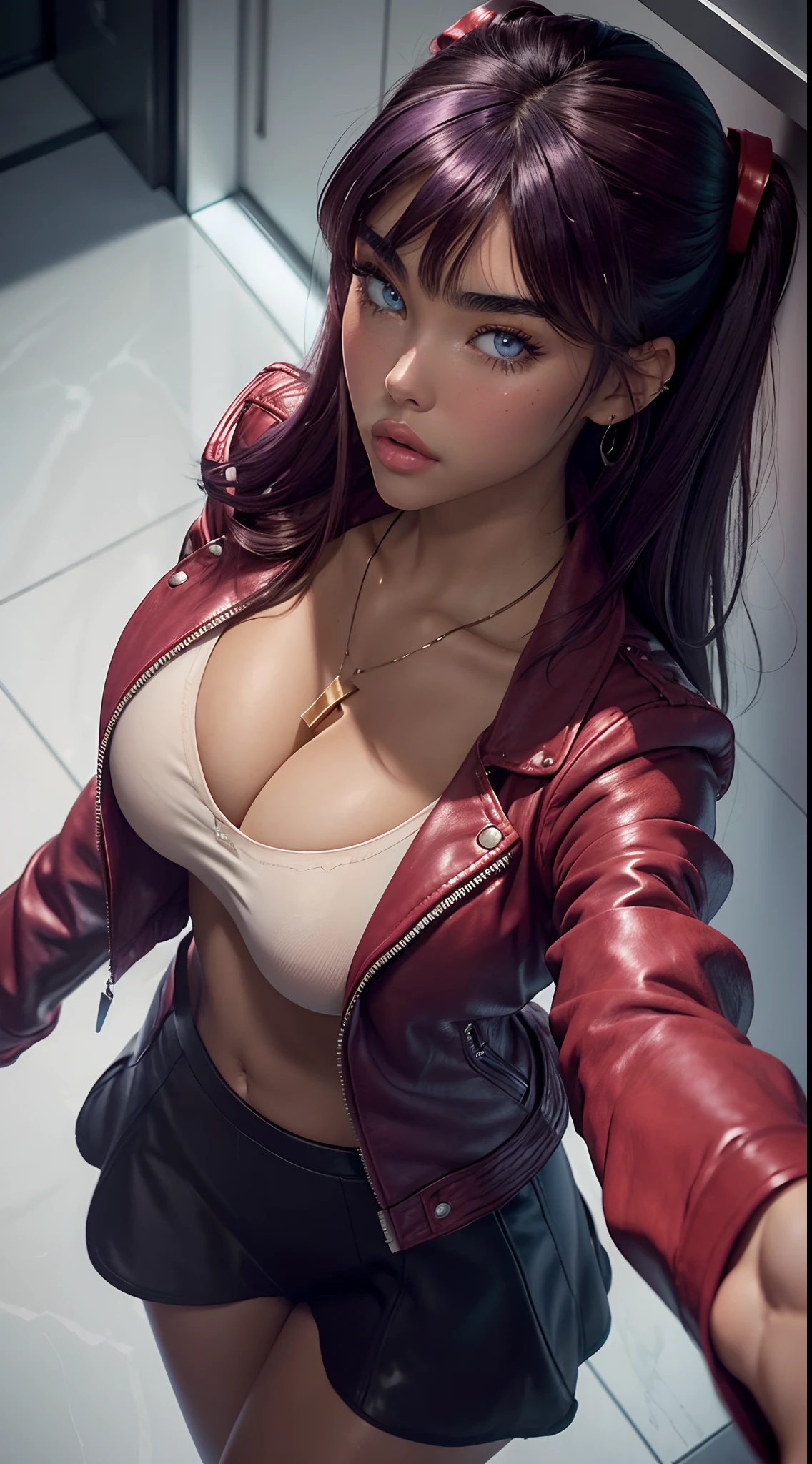 (Madison beer face), (madisonbeer-smf), (bigger detailed eyes::1.6), (cleavage), (glossy cheeks), blush, ((brown eyes)), (bright lighting), ultra realism, ((straight dark purple hair with bangs)),(short red leather jacket), black dress, cross necklace, high dress, short red jacket, sexy pose, black pantyhose, tan skin, huge breasts, hips, skinny slim body, standing in a futuristic hallway, (face closeup photo::1.3), ((from above angle::1.2)), (push up breasts:1.2)