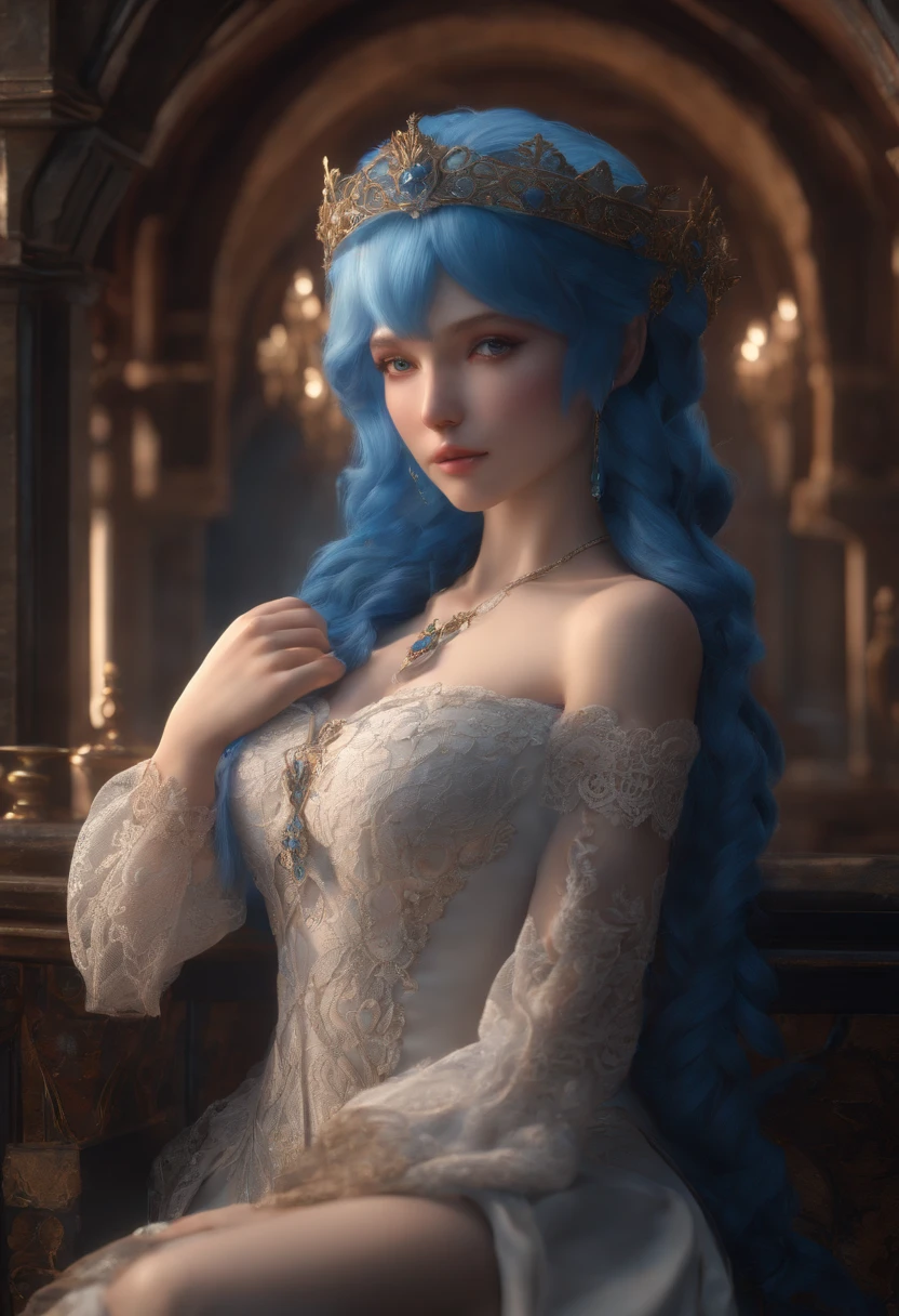 ultra detailed complex 3D rendering of a beautiful anime character, beautiful soft studio light, rim light, vibrant details,luxurious, lace, hyper-realistic, blue hair, showing intimate parts with ultra realism medieval world, holding a penis