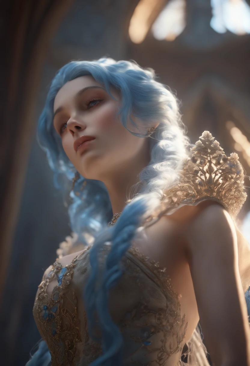 ultra detailed complex 3D rendering of a beautiful anime character, beautiful soft studio light, rim light, vibrant details,luxurious, lace, hyper-realistic, blue hair, showing intimate parts with ultra realism medieval world, holding a penis