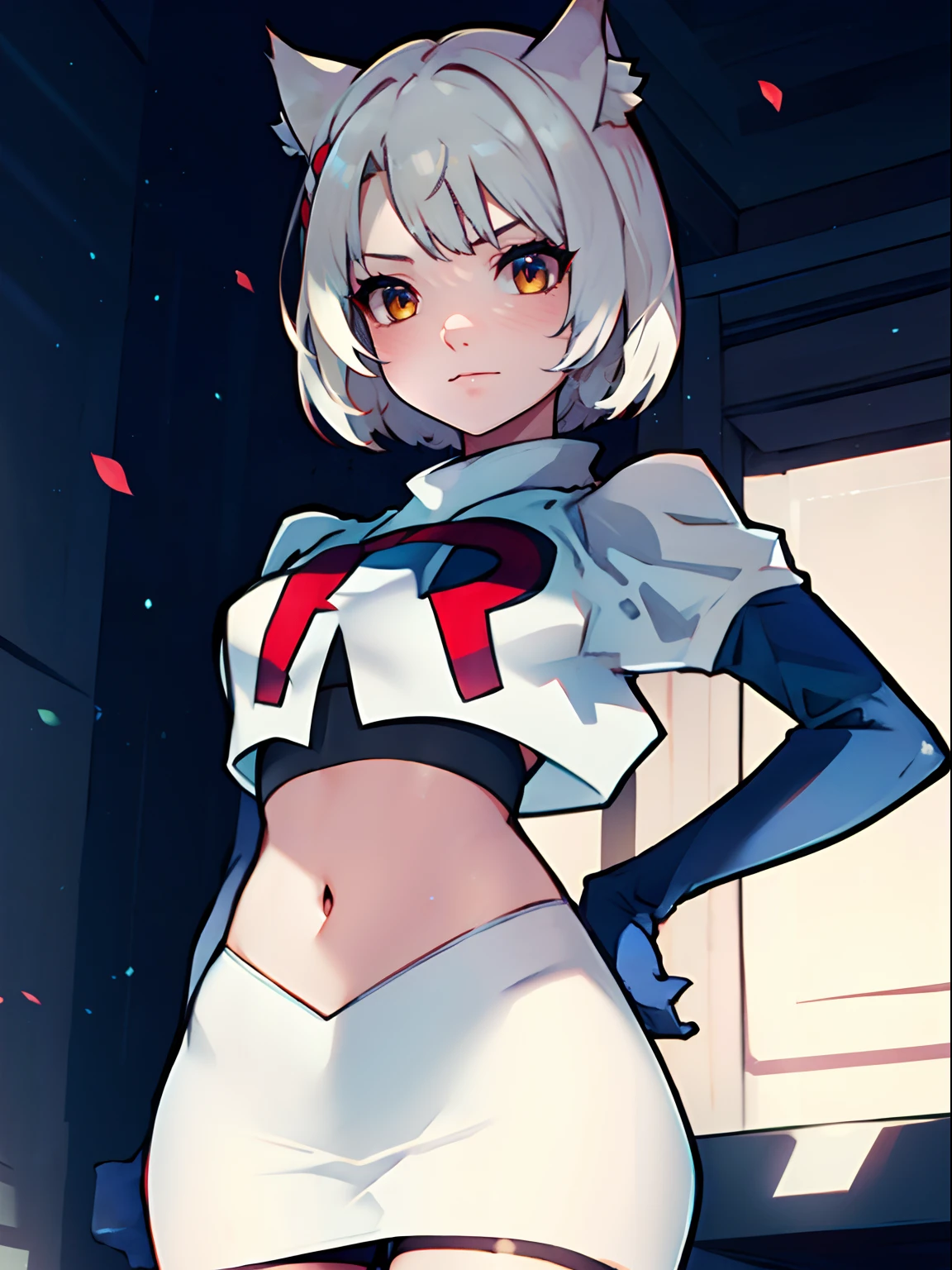 face of mio \(xenoblade\), 1girl,team rocket,team rocket uniform, red letter R, white skirt,white crop top,black thigh-highs,black elbow gloves, looking down on you , one hand on hip, cat ears, white hair