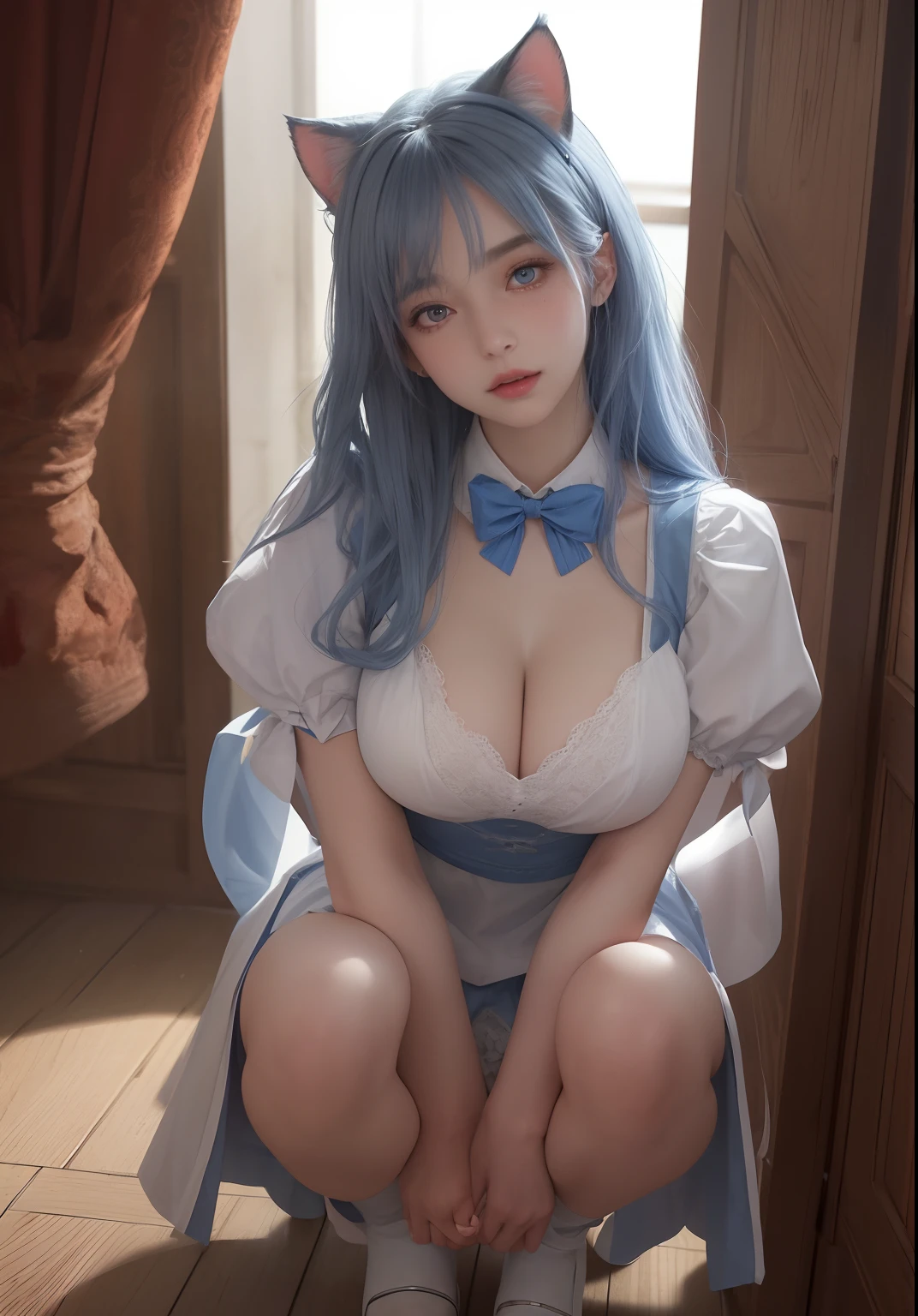 1girll, 独奏, nedium breasts, looking at viewert, Be red in the face, short detailed hair, eBlue eyes, hair adornments, shift dresses, Ribbons, Huge breasts,DEEP-V COLLAR,Open chest,Upper chest, blue hairs, Hair ribbon, exteriors, No sleeves,Expose your arms to the sky, daysies, Hair is more than one eye, aprons, blue-sky, maidennurse, maid headdress, x hair ornamen, pink ribbons, Rossvale Mansion maid uniform,Young European and American women,Bigboobs,Upper chest,Expose the genitals,Tinif Blue,blue hairs,Gradient color hair,Cat ears,Stretch meat,stocklings,Wide thighs,cleavage,HD bell collar,true to life,Lace,Top quality,tmasterpiece,one-girl,Wavy gray hair,paleskin,Cat ears,Cat eyes,Moles under the eyes,Thick eyebrows,Thick lips,scar across right eye,freckle,in class room,Lori huge breasts cleavage,Small waist,Wide thighs,thigh gap,Exposing thighs,熟妇 ,secretary,mature,cinmatic lighting (RAW photogr:1 girlirl.2 pcs),(true to life:1 girlirl.4 pcs),beautiful details girl,very detailed eyes and faces,beatiful detailed eyes,Moody smile,hugefilesize,ultra - detailed,k hd,The original E is very detailed,best qualtiy,tmasterpiece,kemomimi,((Japan Girls' High School)校服)), illustratio, The original E is very detailed, CG, unified, 8k wallpaper, breath-taking, finedetail, tmasterpiece, best qualtiy, Highly detailed CG uniform 8k wallpaper, face illuminated,cinmatic lighting, , primitive,tmasterpiece,ultra fine photos,,best qualtiy,超高分辨率,Photorealistic and realistic,Breathtakingly beautiful,dynamicposes,s delicate face,Vibrant eyes,milkyW,highly detailedskin,Realistic details of skin,,8K UHD,digital SLR camera,high qulity,White skin of the,squatt,Squat toilet,urine,spread thighs,spread their legs,looking at viewert,Frontal photo