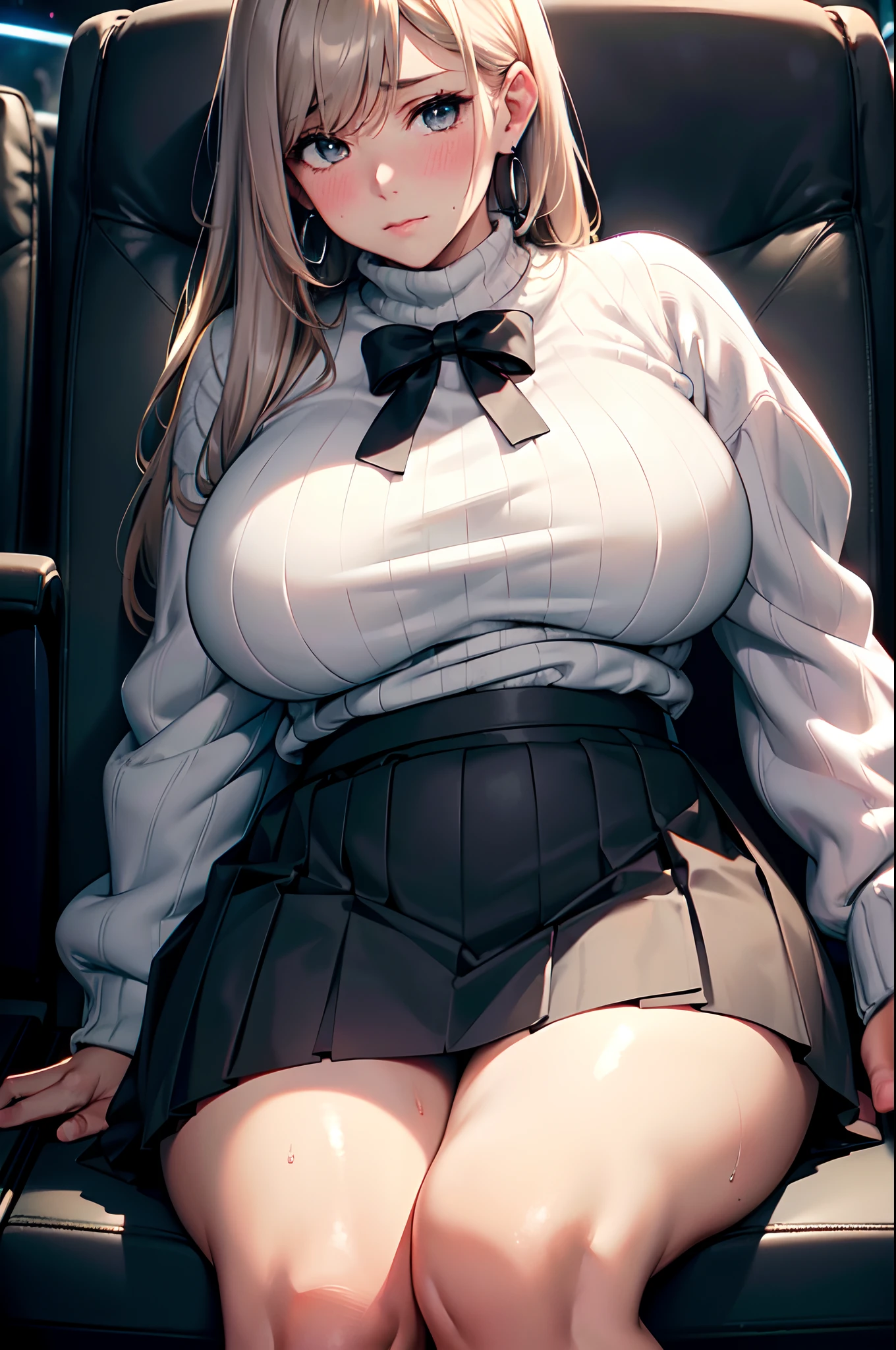 masterpiece,best quality,High resolution,Fine details,Realistic,solo,Adult Woman,blush,curvy,Large breasts,Sweat,Oily skin,Sitting,(White Fluffy Sweater),(Black ruffled skirt),Sparkling earrings,(((Dark movie theater))),(((Looking straight sideways))),(pov),(((Dark Lighting)))