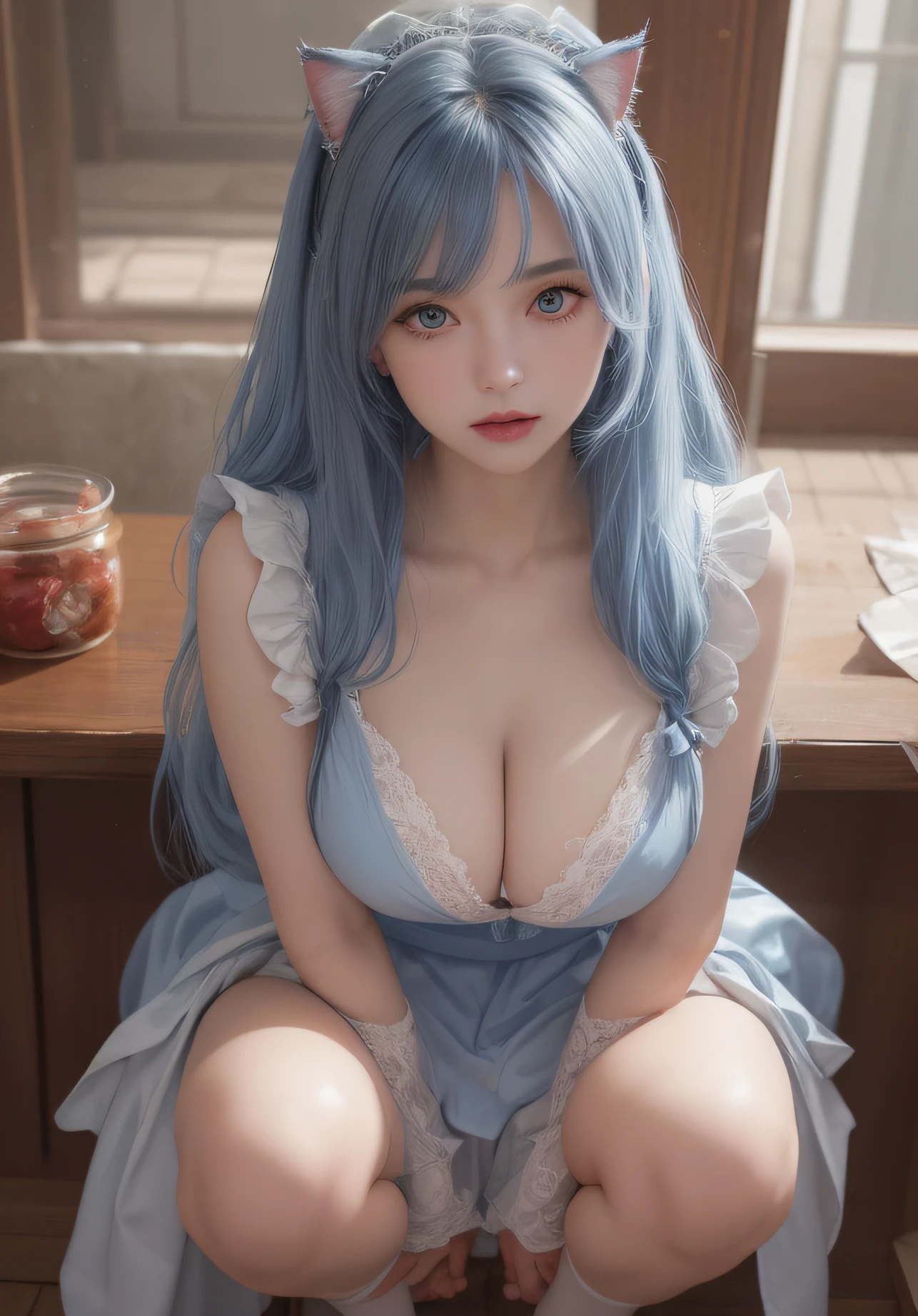 1girll, 独奏, nedium breasts, looking at viewert, Be red in the face, short detailed hair, eBlue eyes, hair adornments, shift dresses, Ribbons, Huge breasts,DEEP-V COLLAR,Open chest,Upper chest, blue hairs, Hair ribbon, exteriors, No sleeves,Expose your arms to the sky, daysies, Hair is more than one eye, aprons, blue-sky, maidennurse, maid headdress, x hair ornamen, pink ribbons, Rossvale Mansion maid uniform,Young European and American women,Bigboobs,Upper chest,Expose the genitals,Tinif Blue,blue hairs,Gradient color hair,Cat ears,Stretch meat,stocklings,Wide thighs,cleavage,HD bell collar,true to life,Lace,Top quality,tmasterpiece,one-girl,Wavy gray hair,paleskin,Cat ears,Cat eyes,Moles under the eyes,Thick eyebrows,Thick lips,scar across right eye,freckle,in class room,Lori huge breasts cleavage,Small waist,Wide thighs,thigh gap,Exposing thighs,熟妇 ,secretary,mature,cinmatic lighting (RAW photogr:1 girlirl.2 pcs),(true to life:1 girlirl.4 pcs),beautiful details girl,very detailed eyes and faces,beatiful detailed eyes,Moody smile,hugefilesize,ultra - detailed,k hd,The original E is very detailed,best qualtiy,tmasterpiece,kemomimi,((Japan Girls' High School)校服)), illustratio, The original E is very detailed, CG, unified, 8k wallpaper, breath-taking, finedetail, tmasterpiece, best qualtiy, Highly detailed CG uniform 8k wallpaper, face illuminated,cinmatic lighting, , primitive,tmasterpiece,ultra fine photos,,best qualtiy,超高分辨率,Photorealistic and realistic,Breathtakingly beautiful,dynamicposes,s delicate face,Vibrant eyes,milkyW,highly detailedskin,Realistic details of skin,,8K UHD,digital SLR camera,high qulity,White skin of the,squatt,Squat toilet,urine,spread thighs,spread their legs,looking at viewert,Frontal photo