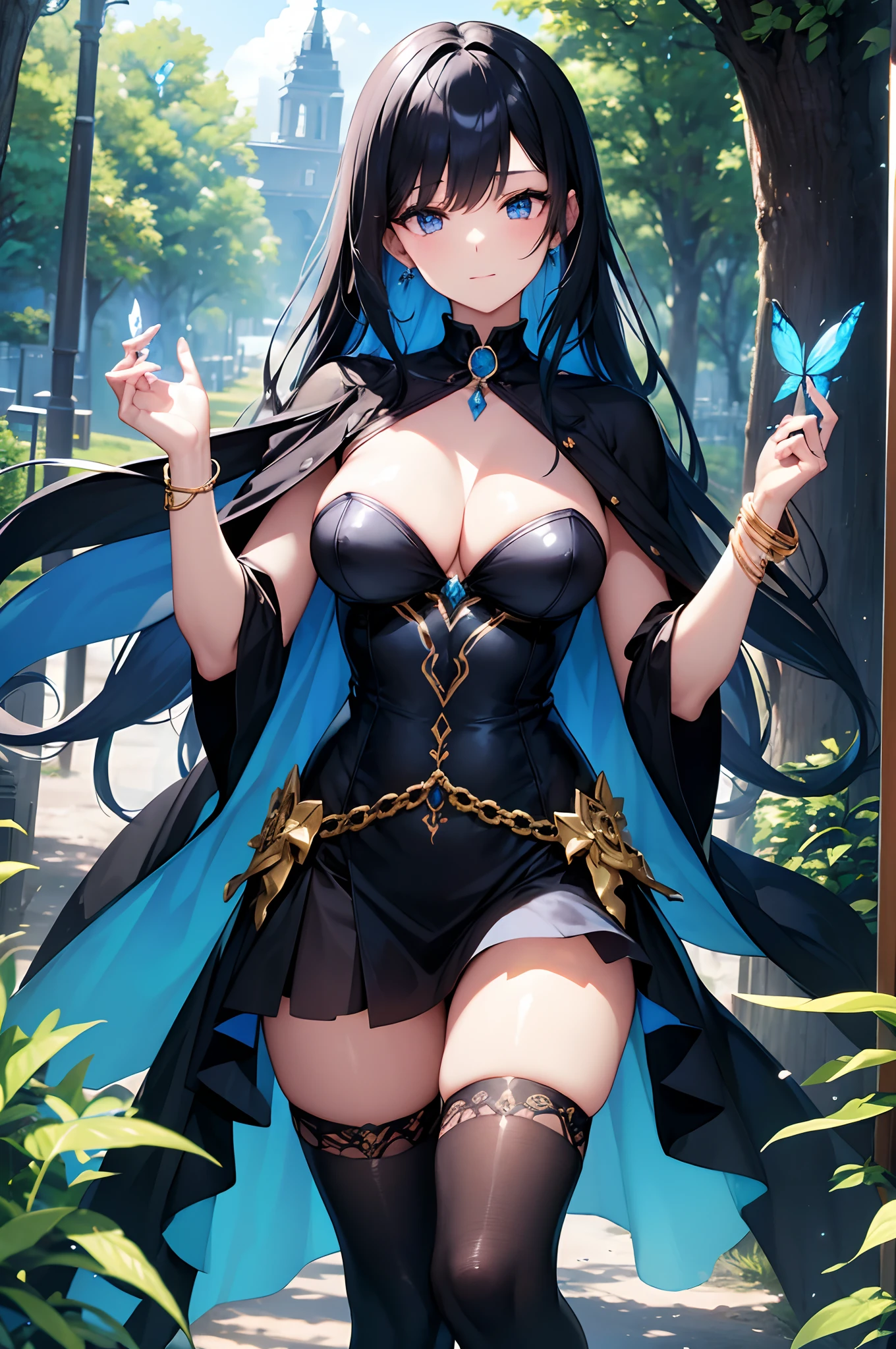 1 femme aux longs cheveux noirs et aux beaux yeux bleus, Holding a colorful and shiny magic butterfly in her hands. Cape de magieien noir, Golden bracelets. Fantastic forest with lots of colors, couleurs vives, magie, Couverture du livre, melancholic expression,