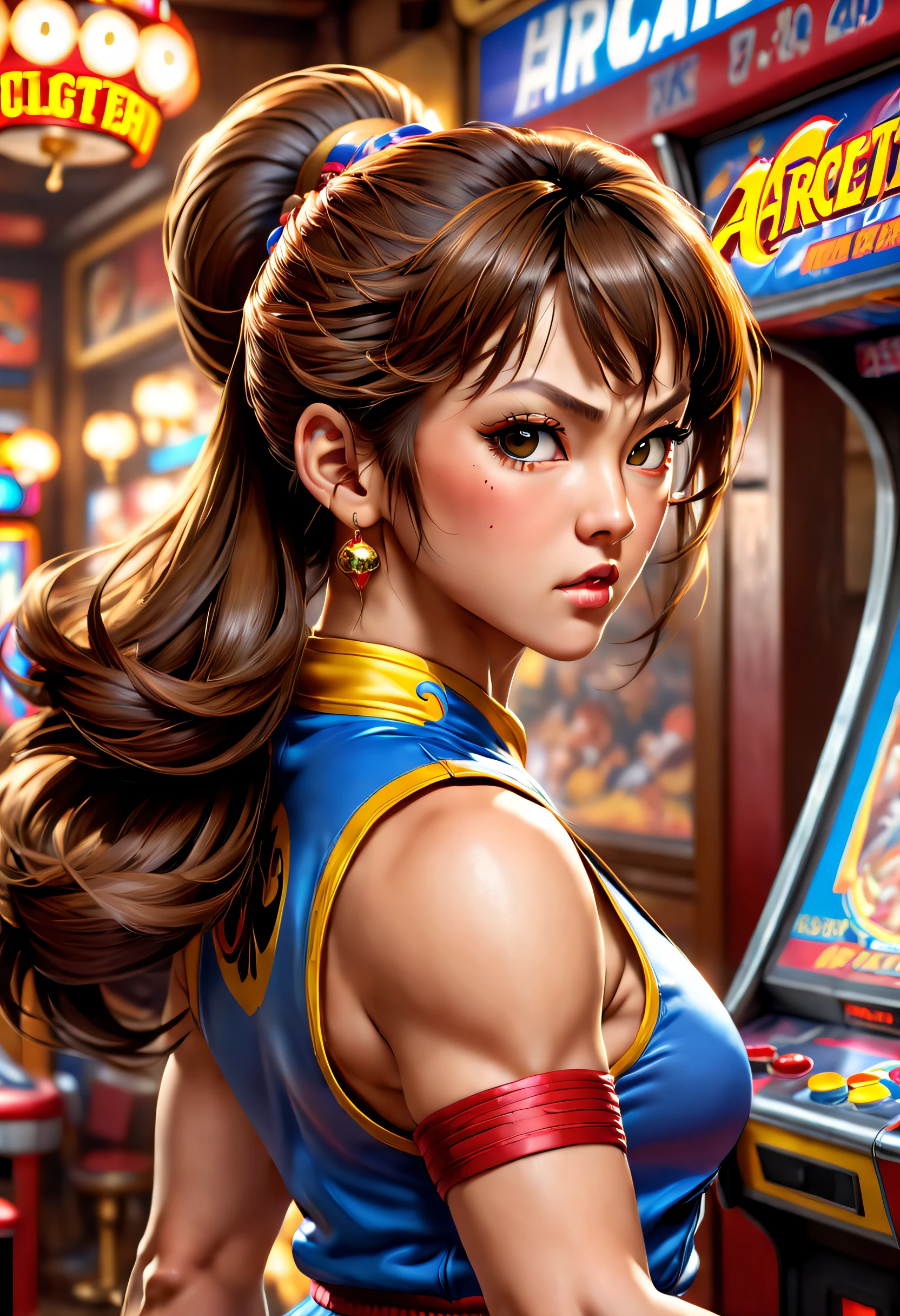 A girl with hair from the 80s, vintagestyle, Play arcade games in nostalgic arcades, Reminisce about the past, Reminiscent "The King of Fighters '97", Chun-li fights, Show off her powerful movements. (Best quality,4K,8K,A high resolution,Masterpiece:1.2), Ultra-detailed, (Realistic,Photorealistic,photo-realistic:1.37), hdr, hyper HD, Studio lighting, Ultra-fine painting, Sharp focus, Physically-based rendering, Extreme detail description, professional, Vivid colors, Bokeh, sportrait.