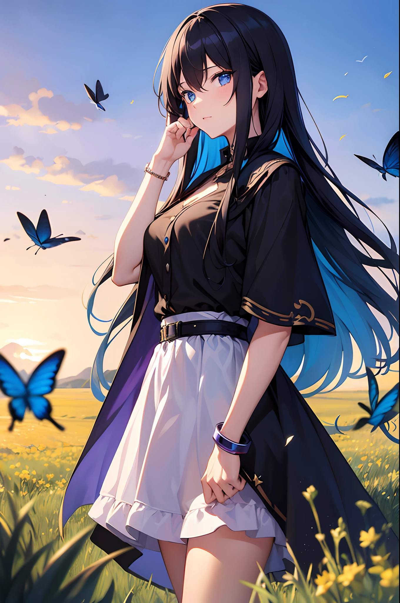 1 woman with long black hair and blue eyes watches a multicolored magic butterfly fly in a purplish sky from a meadow. Cape de magicien noire, Golden bracelets. Fantasy, bright colors, magic, masterpiece, scene, shot from long distance