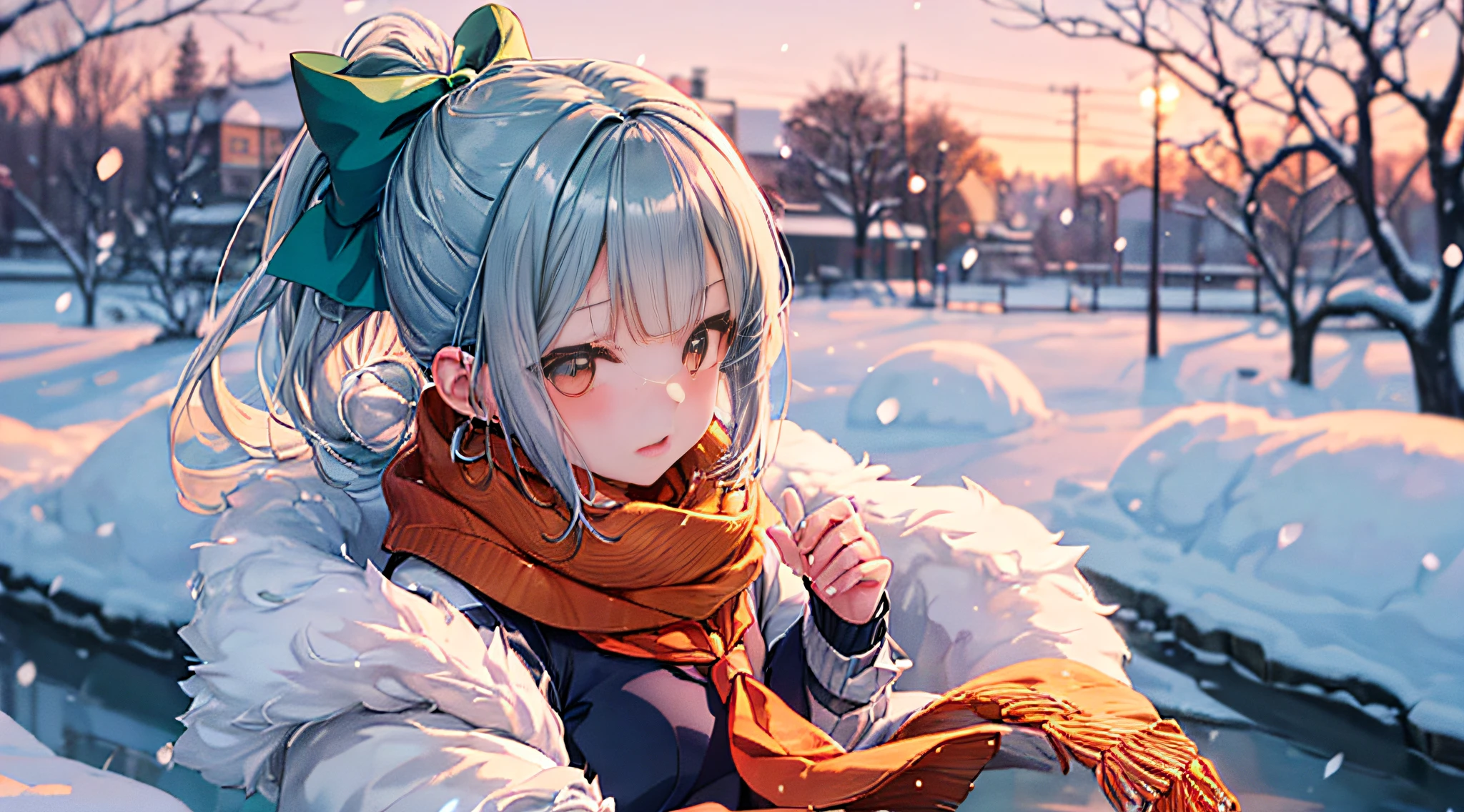 hight resolution、​masterpiece、8K Illustration、sologirl、１anime a girl、Full body、Ponytail, Bangs, Brown eyes, Bow, Hair Bow, Green hair, Grey Hair, (poneyTail、a sailor suit、Knitted scarves、White knitted cardigan、Fluffy short boots）、 anime style 4 k, anime moe art style, Kantai Collection Style, Very beautiful anime girl, Anime 4K, Anime art wallpaper 8k, Background Main、Winter background、Yuki、It's snowing、Snow piles up、Feeling the cold、Chinese style illustration、avatar、Fantasia、detailed digital art、Beautiful、detailed portrait of an anime girl、