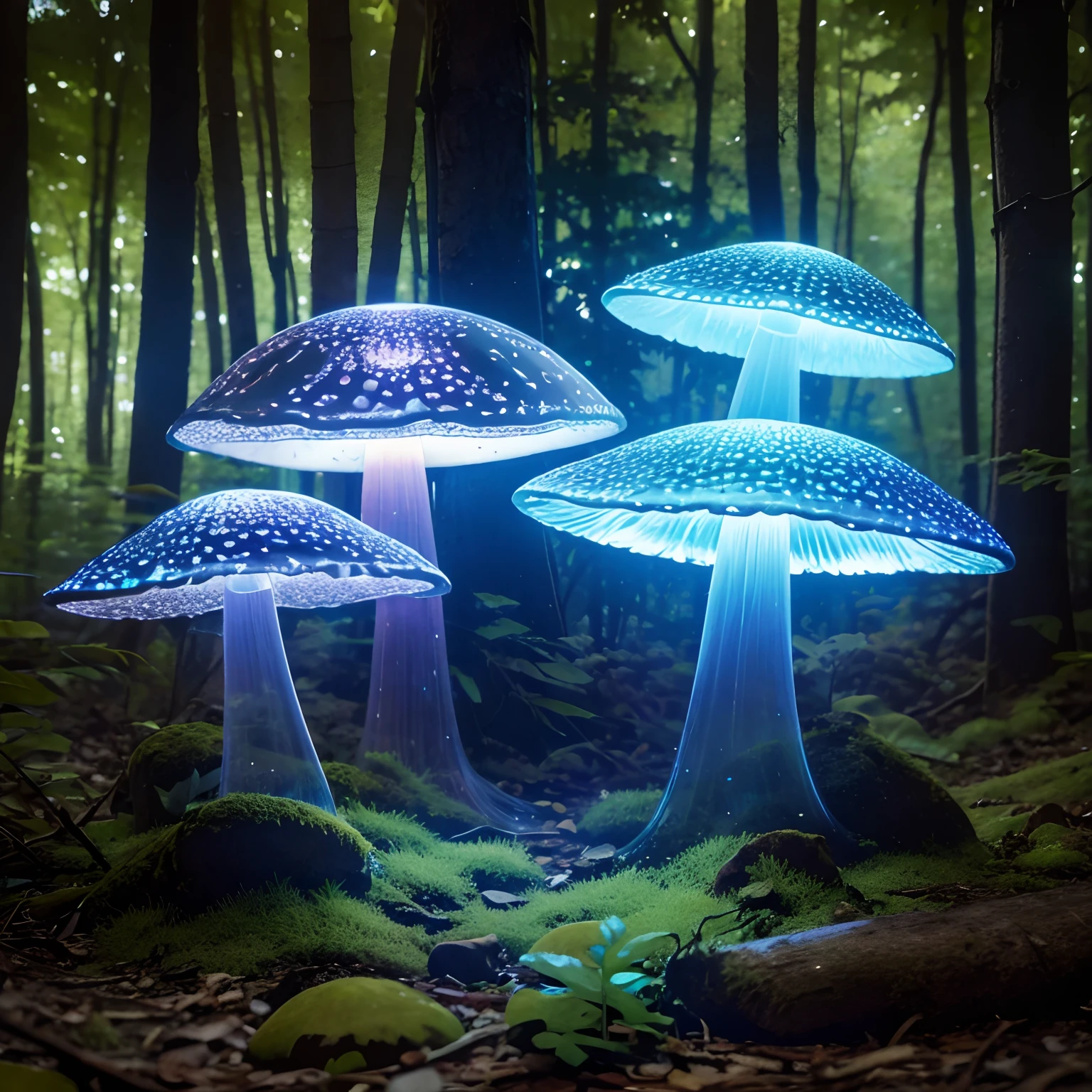 Holography translucent mushrooms in a woodland setting, raw style