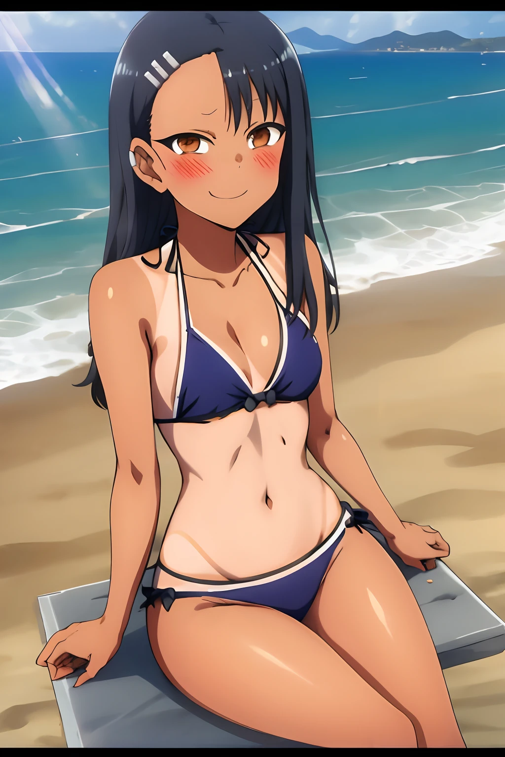 1girl, (solo), small breast, masterpiece, professional artwork, famous artwork, perfect face,nagatoro hayase, brown eyes, hairclip, black hair, cowboy shot, black hair, beautiful face, intense look, ((perfect female body, narrow waist)),((tan lines)), looking at viewer, (((bikini))), ((sitting)), beach, (close up), cleavage, ((bare legs)), wide hips, smile