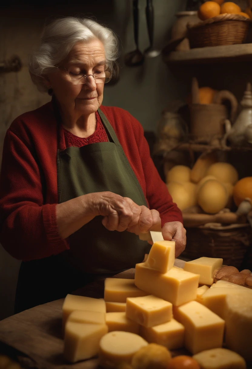 The old woman cuts cheese in the kitchen
