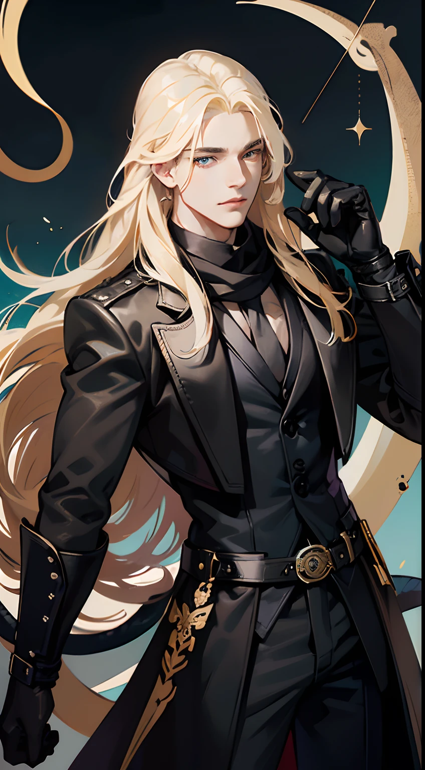 Man with long blonde hair, Heterochromia, The left eye is blue, The right eye is brown, Black Long Leather Coat, black undershirt, Archery gloves, fighter, black pant, Black scarf with snakes and owls, Pathos