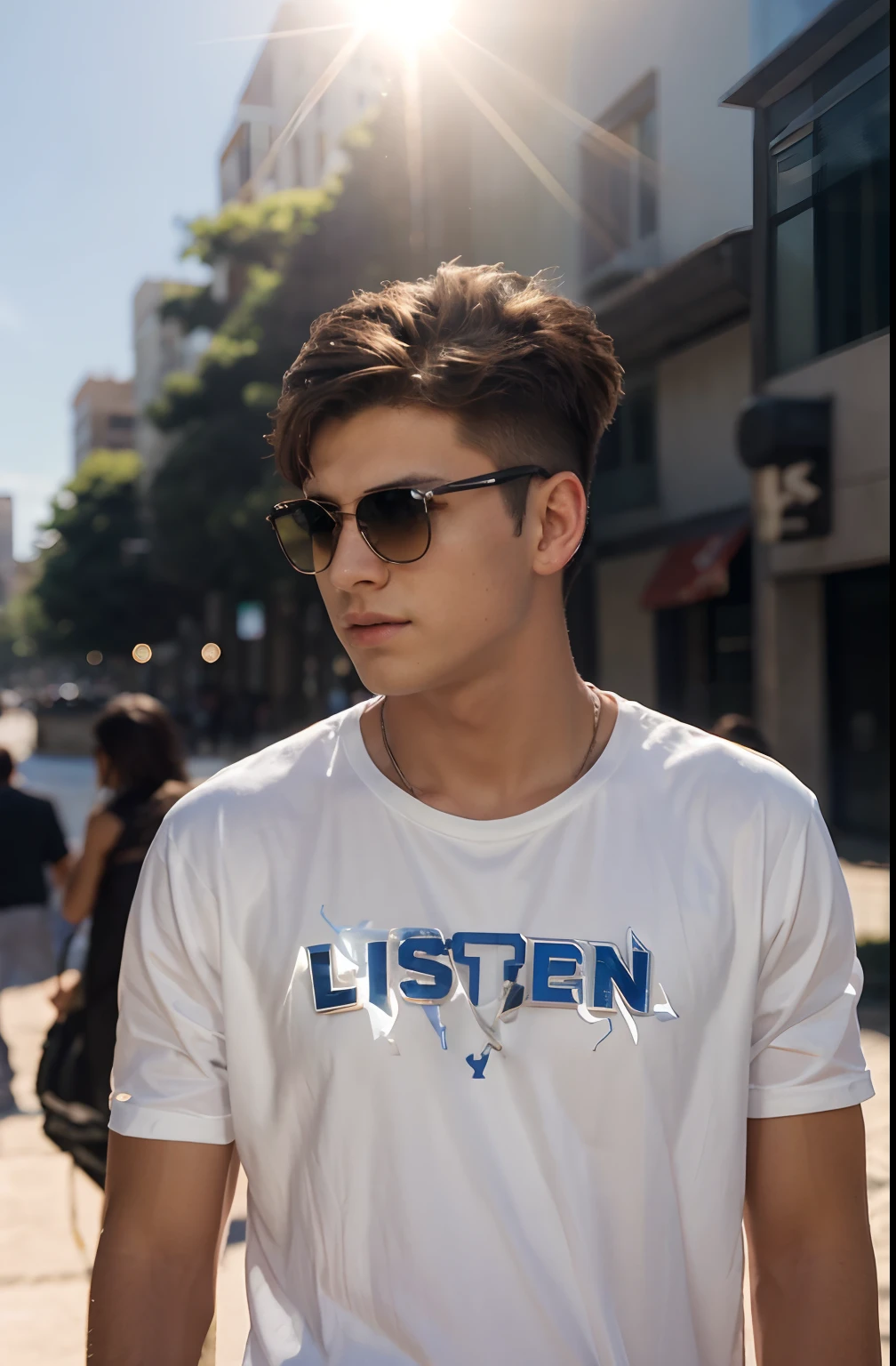 A boy handsome, 20 years old, futuristic background, rich sunglass, realistic, hd,8k,high quality, high graphics, Ultra picture,background outdoor day,background sunlight, stylish hair,