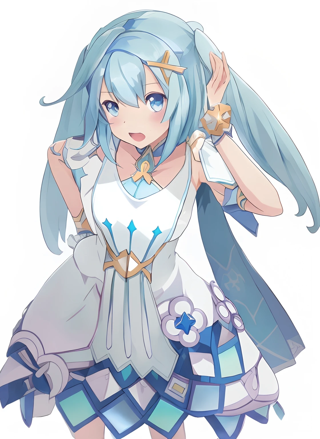 anime girl with blue hair and a white dress and a blue cape, aqua from konosuba, mikudayo, white cyan, hestia, anime goddess, portrait knights of zodiac girl, zerochan art, by Kamagurka, cute anime waifu in a nice dress, knights of zodiac girl, keqing from genshin impact, by Shitao
