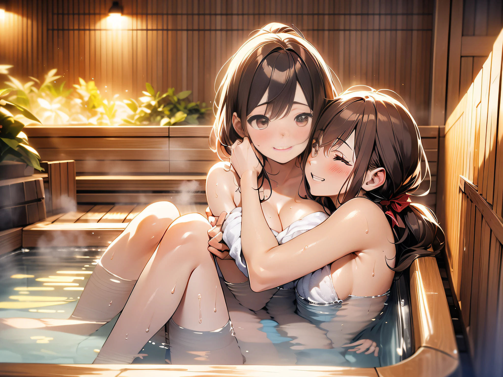 in 8K、top-quality、masterpiece、ultra-detailliert、Ultra-high resolution、((two individuals))、2 girls、brown haired、poneyTail、((((Sauna room))))、((perspiring))、Red face、Wrap a bath towel around your body、((steams))、Flirting、hug from behind