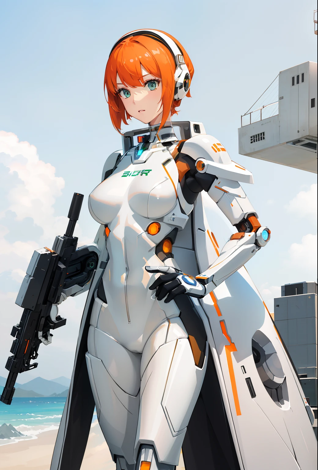 a woman in a white and orange suit with a gun, beutiful white girl cyborg, beutiful girl cyborg, perfect android girl, cute cyborg girl, cyborg girl, android heroine, cyborg - girl, female cyborg, portrait armored astronaut girl, young lady cyborg, scifi woman, girl in mecha cyber armor, sci-fi android female, beautiful female android