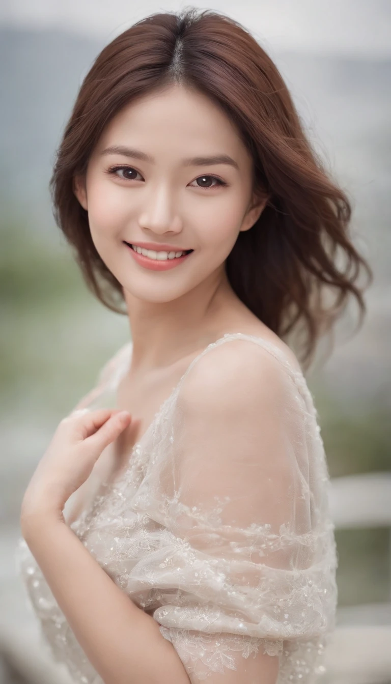 {crystal liu) (Photo: 1.3) af (Realistic: 1.3), Asian female, Soft light, Clear face, cheerfulness, cheerful big breasts, Smiling, Warm light, ((Off-white gradient background)), (Background)). ((Gray wall background)) , (long or short hair), Smile, Handsome, Middle-aged woman,, Short hair, Smile,Skirt that wraps hips