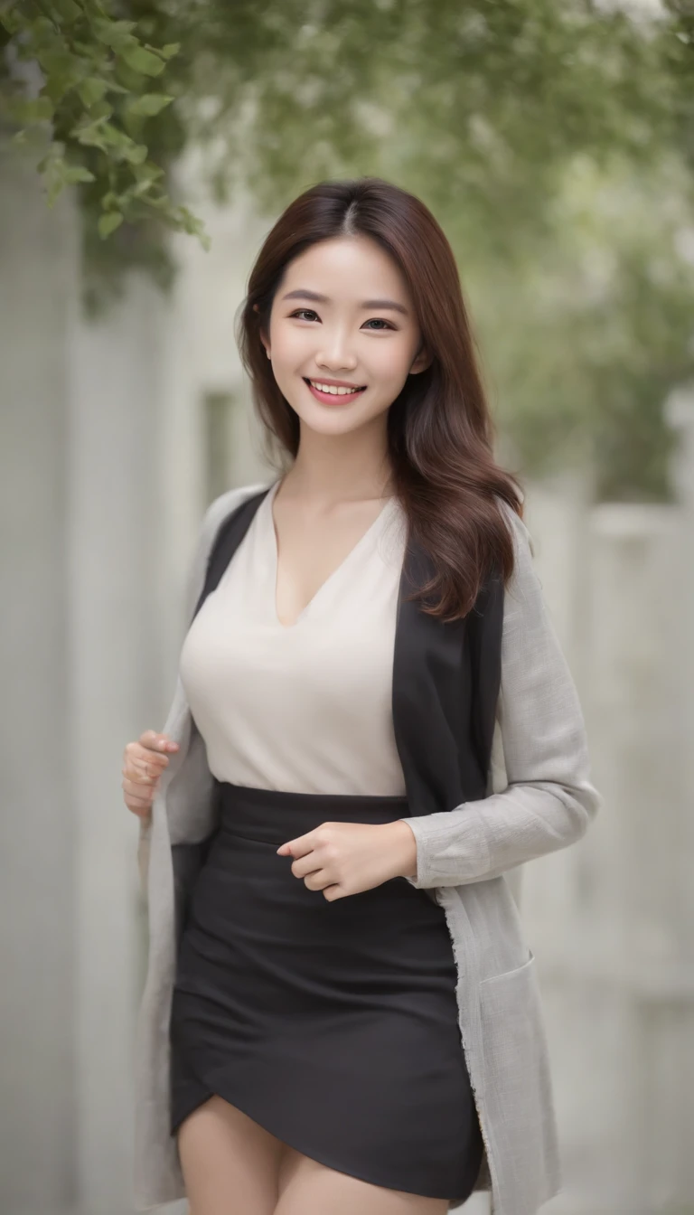 {crystal liu) (Photo: 1.3) af (Realistic: 1.3), Asian female, Soft light, Clear face, cheerfulness, cheerful big breasts, Smiling, Warm light, ((Off-white gradient background)), (Background)). ((Gray wall background)) , (long or short hair), Smile, Handsome, Middle-aged woman,, Short hair, Smile,Skirt that wraps hips