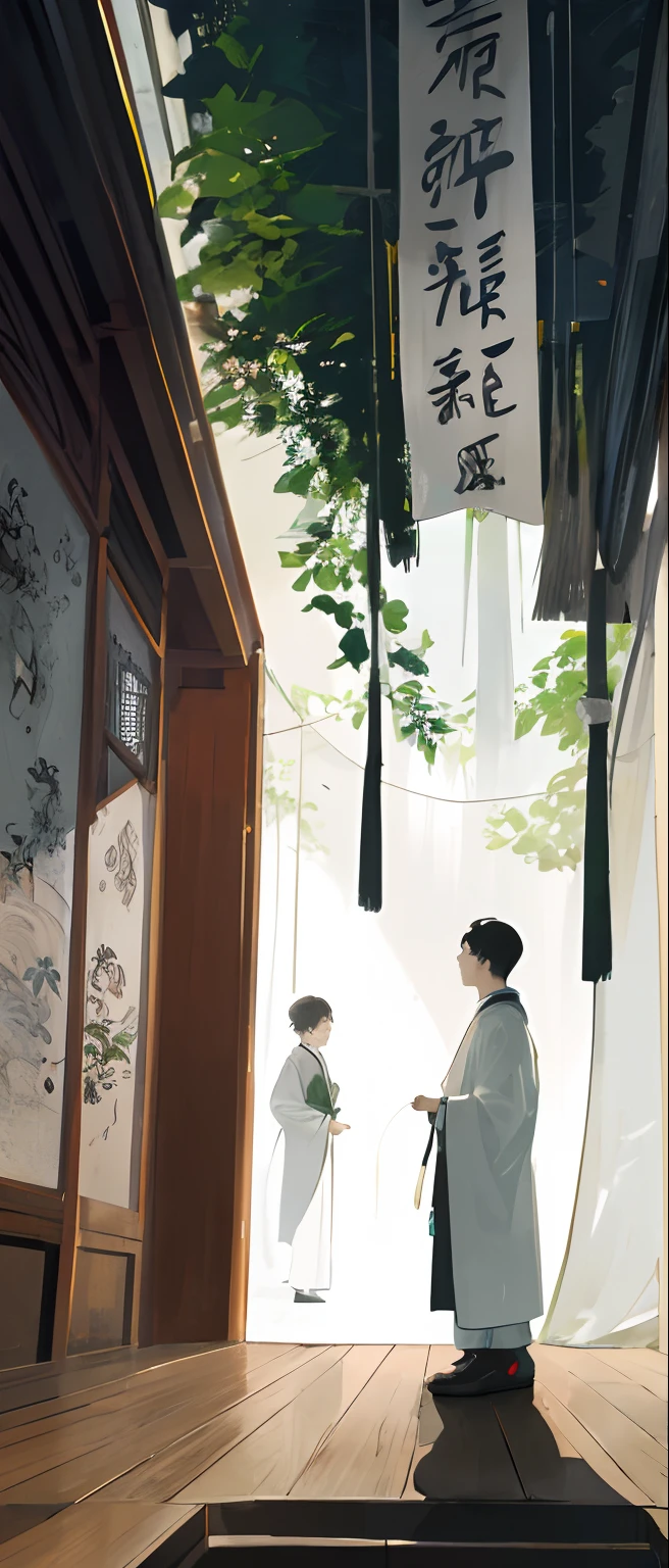 ((4k,masterpiece,best quality)), traditional Chinese ink painting, 2 boys holding a white banner with green flames, studio lighting, ultra-detailed

In this stunning traditional Chinese ink painting, the main focus is on two boys. They stand proudly, holding a white banner together. The banner flows gracefully in the wind, adding a sense of movement to the composition. The boys are depicted with incredible detail, their youthful features captured with precision.
The background is set in a serene environment, with a delicate landscape of rolling hills and a tranquil river. The ink brushwork beautifully portrays the texture and movement of the water, while the hills are depicted with subtle shades and intricate lines. The scene is bathed in soft, studio lighting, enhancing the depth and three-dimensionality of the painting.
The boys wear traditional Chinese clothing, adding to the cultural context of the artwork. Their expressions are filled with determination and excitement, as if they are embarking on an important journey. The greyscale color palette, characteristic of traditional ink paintings, creates a sense of elegance and timelessness.
The medium used in this artwork is traditional Chinese ink painting, known for its expressive brushwork and deep cultural significance. The artist skillfully combines traditional techniques with contemporary influences, creating a masterpiece that seamlessly blends tradition and modernity.

With the highest quality and resolution of 4k, this artwork is a true masterpiece. The level of detail is breathtaking, from the intricate brushstrokes of the landscape to the intricate folds of the boys' clothing. Every element is rendered with precision and care, resulting in a visually stunning piece that demands attention.

In summary, this traditional Chinese ink painting features two boys holding a white banner with green flames, set against a serene landscape. With studio lighting and ultra-detailed execution, .
