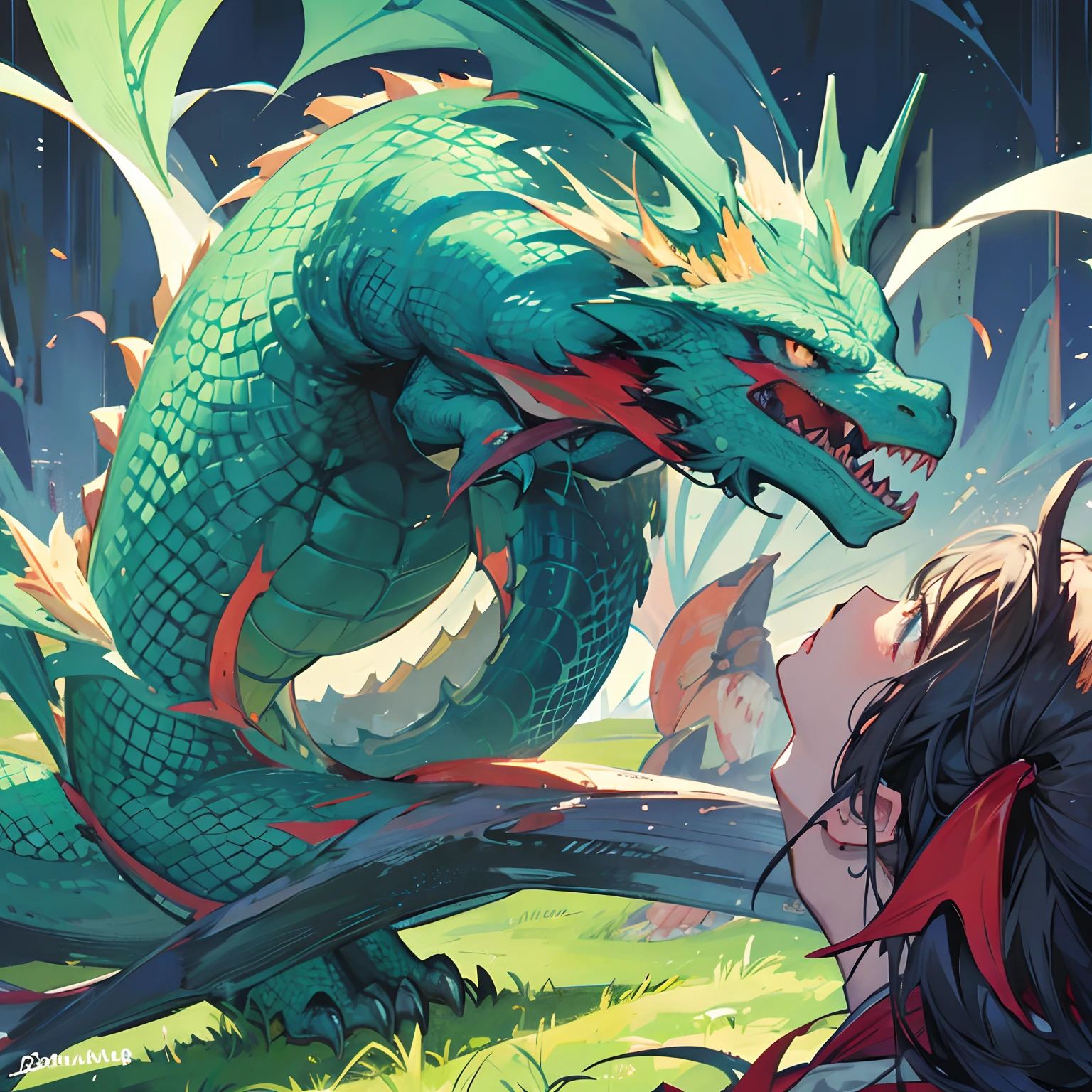 with a dragon appearance and red hair