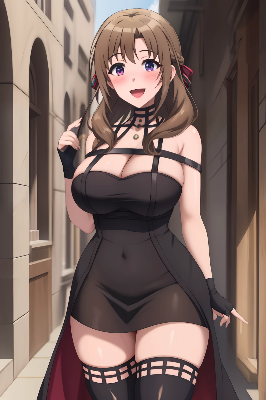 mamako, 1girl in, Solo, long_hair, breasts, blush, Smile, Open_Mouth, Bangs, Large_breasts, brown_hair, Bow, bow ribbon, cleavage, Bare_shoulders, are open_Eyes, hair_bow ribbon, braid, :D, cowboys_shot, tusk, bowtie,  Facing_viewer, Mature_Female, Black Dress、black thighhighs、Fingerless gloves、cleavage of the breast、plein air、Naughty big、large full breasts、cowboy  shot、(thighs thighs thighs thighs:1.3)、