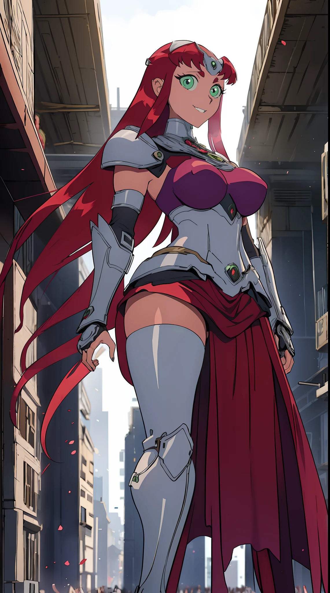  titans, Starfire, anime, masterpiece, 1girl, ((bimbo))), smile face, green eyes, long red hair, , wide hips, thick thigh, big breast, huge ass, shiny skin, purple skirt, purple top, full body, /upscale (icone de um jogo), (icone de peitoral : 1.5), um peitoral , peitoral marrom, chest plate, peitoral pesada marrom, peitoral grosso, peitoral de Armadura intrincada, peitoral de armadura de fantasia pesada, peitoral detalhado, armadura ornamentada, peitoral de Armadura Paladina, peitoral dearmadura de batalha, intrincada peitoral, pants, body suit, sentai armor, metal hero
