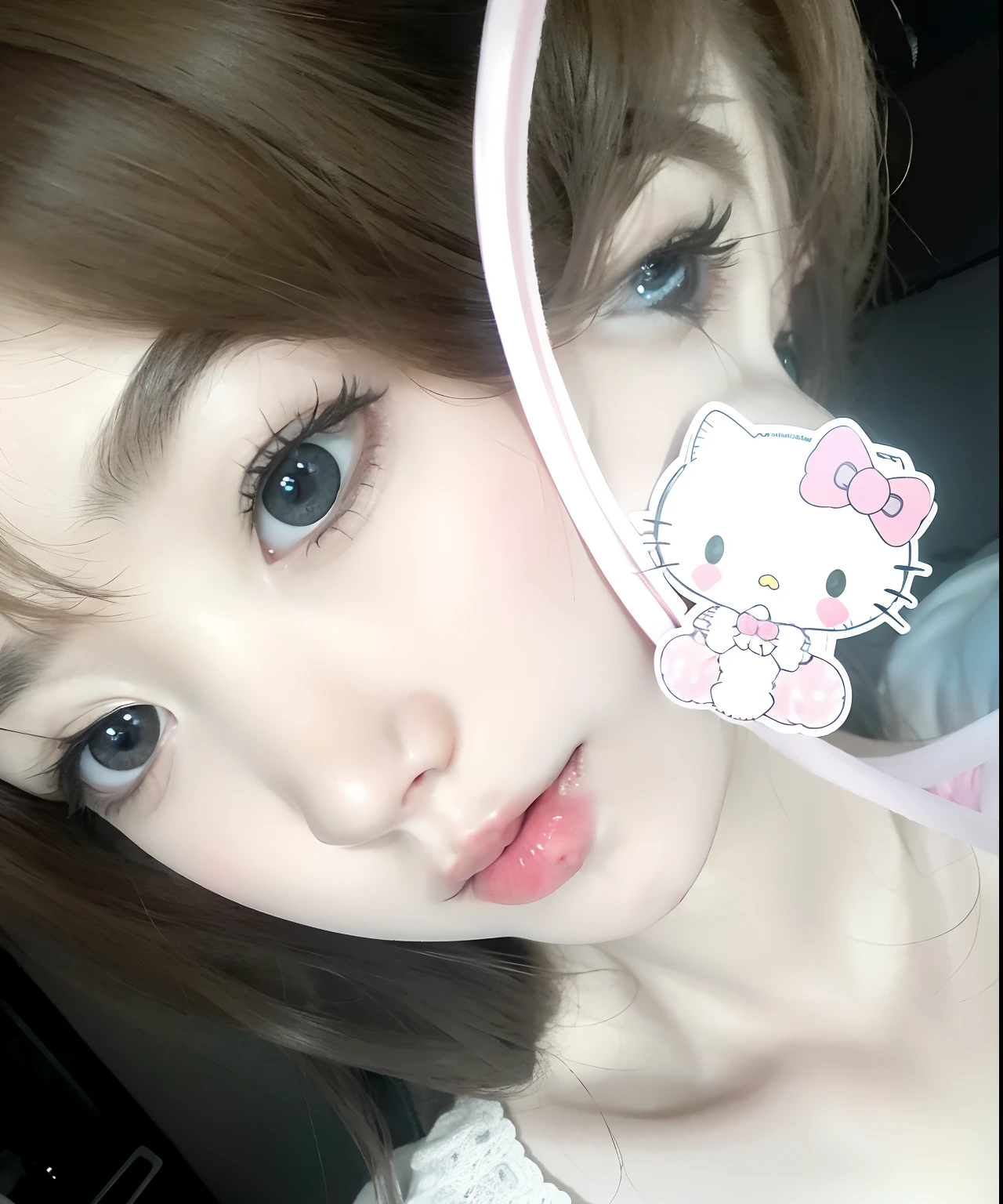 There's a girl with a Hello Kitty sticker on her face, Ulzzang, muito bonita gatinha fofa, com bonito - fino - rosto, com olhos bonitos, grandes olhos redondos bonitos, wan adorable korean face, bonito rosto de anime natural, menina kawaii bonito, hello kitty, linda Delphine, rosto bonito claro, 1 8 I, Sakimichan