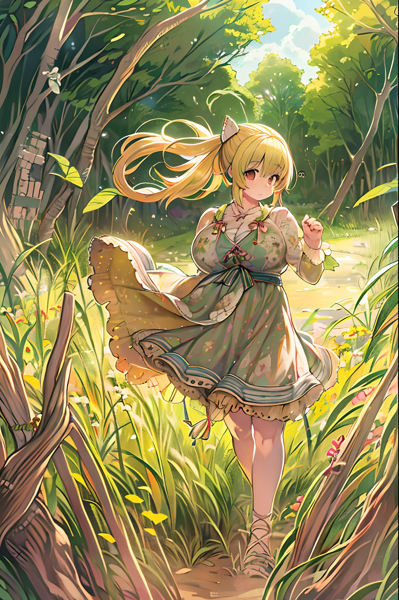 Photorealistic,Realistic, Solo, Photorealistic, Best Quality, 超A high resolution, 1girl in,, , Blonde hair in a ponytail, Wearing a yellow sundress, Wind blowing through the grass,, , 1girl in,, Beautiful, masutepiece, Best Quality, extra detailed face, Perfect Lighting, 1girl in, Solo,, , Best Quality, 超A high resolution,, ultra-detailliert,, masutepiece, Best Quality, , Nancy 1, 、Ultramammy、huge-breasted、bbw