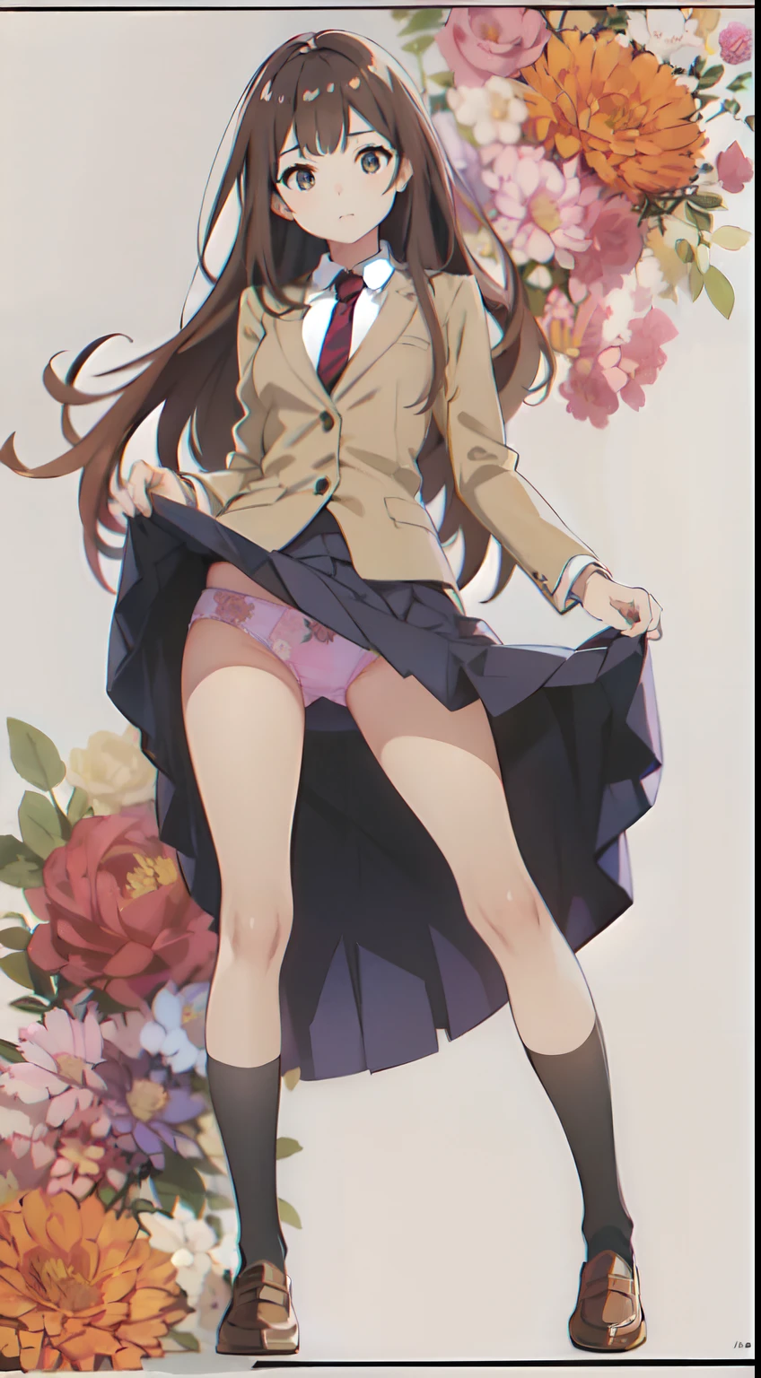 (white background:1.2), (best quality:1.3), (masterpiece:1.3), (full body:1.2), (solo:1.0), (a 17yo girl:1.0), (long skirt:1.3), (dark blue skirt:1.2), (pleated skirt:1.0), (school uniform beige blazer:1.3), (red necktie:0.9), (black socks:1.0), (loafers:1.0), (tall:1.2), (slender:1.1), (small breasts:1.1), (detailed beautiful eyes:1.0), (detailed beautiful face:1.0), (glowing black eyes:1.0), (long hair:1.0), (strait hair:1.0), (brown hair:1.0), (one's skirt lift:1.5), (floral pattern printed panties:1.2), (cotton panties:1.5)