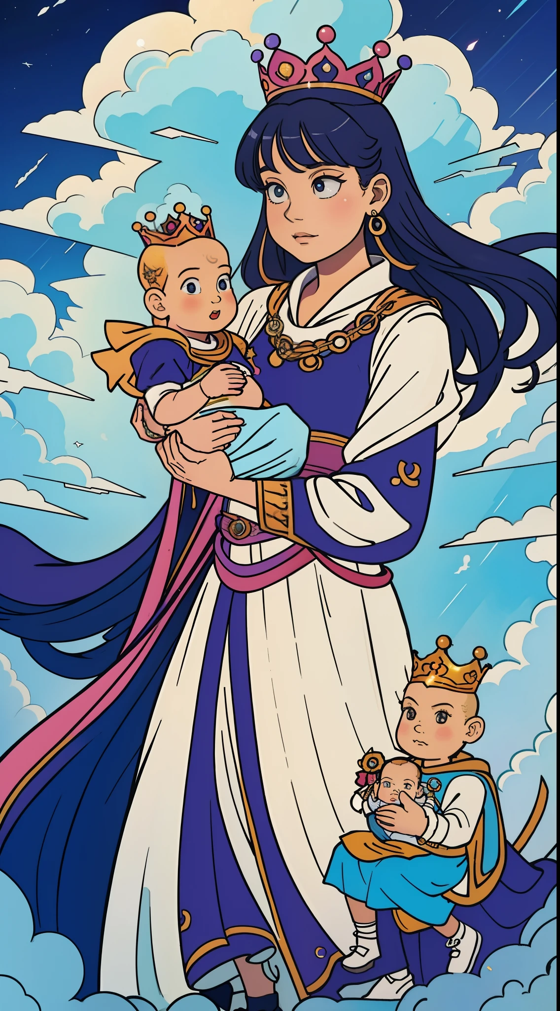 The beautiful 16-year-old queen holds a (baby prince:1.5) wearing shavings in her arms, Walking, Straight eyes, radiating a brilliant aura, Rosary handle, Crown Team, (Systemic: 2.0), Stand in the cloud, our lady, (full body: 2.0) anime, orgrange, with black parts. cinematic lighting, Futurism, Surrealism, anatomically correct, 4K, 8k, super detail, sfw