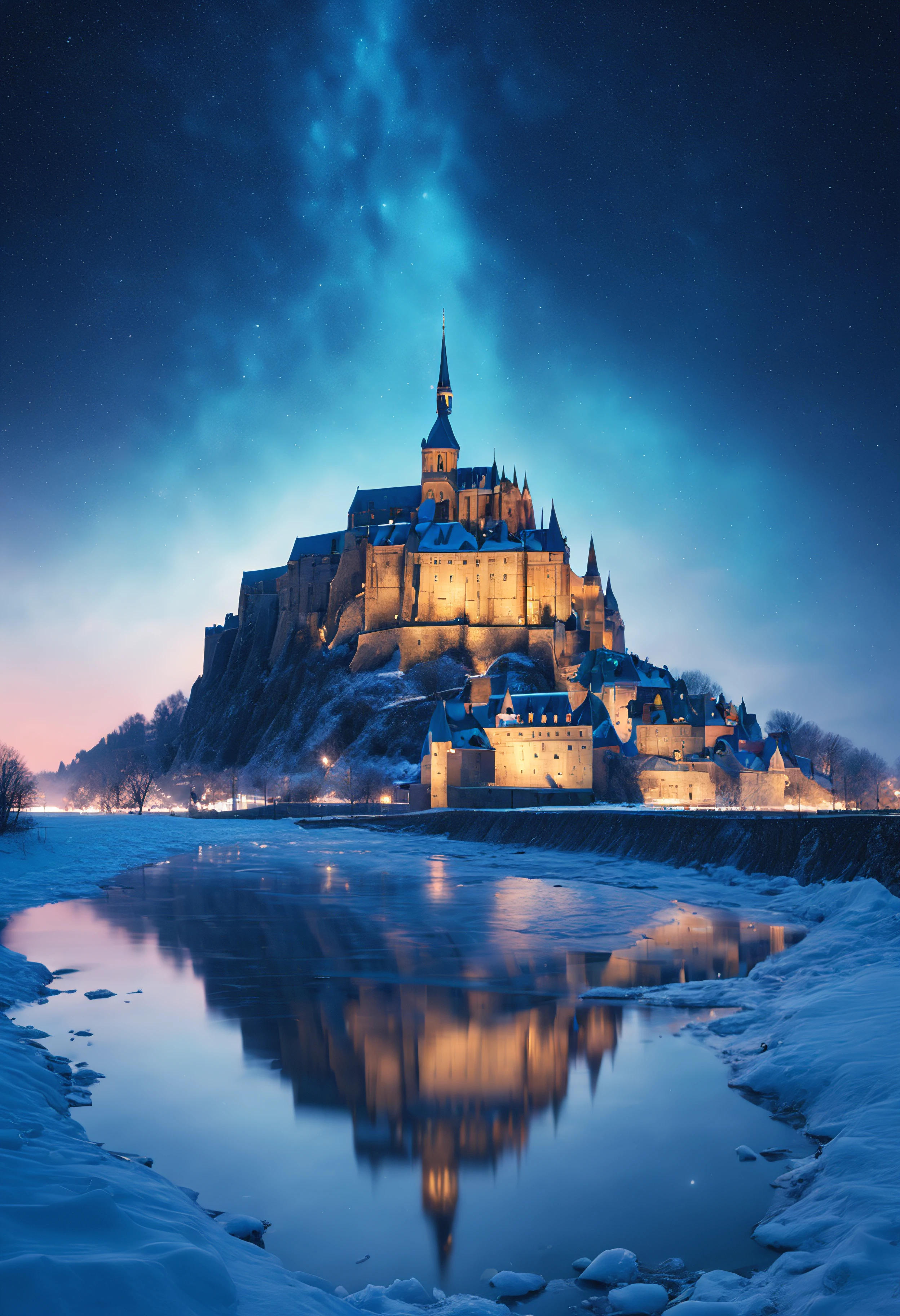(high quality,4k,8k,highres,masterpiece:1.2),ultra-detailed,(realistic,photorealistic,photo-realistic:1.37),Mont-Saint-Michel reflection on frozen water,night,castle,water,icy reflection,glowing lights,frozen river,mystical aura,majestic,ethereal,Aurora Borealis dancing in the night sky,stars shimmering,vivid colors,cosmic,peaceful,snow-covered surroundings,glistening snowflakes,serene silence,quiet beauty,enchanted,moonlit atmosphere,deep blue tones,impressive architecture,ancient charm,medieval,fantasy concept,frozen magic,wonderland,surreal,French landmark,castle on a hilltop,mirrored reflection,tranquil,peaceful,stillness,landscape,beauty in simplicity,romantic setting,element of mystery and awe,captivating,otherworldly,daydream-like,vibrant,enchanted winter,feeling of serenity,touch of enchantment