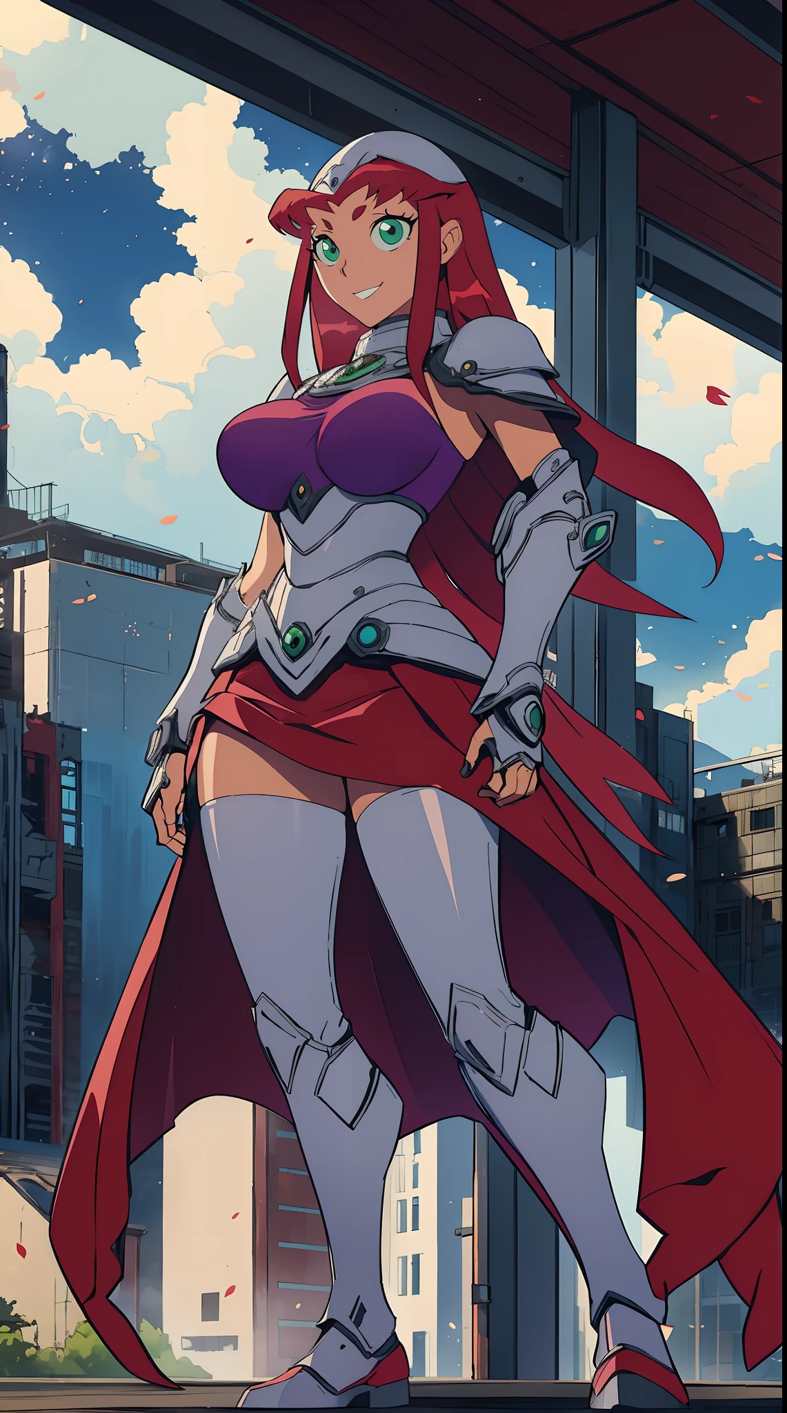  titans, Starfire, anime, masterpiece, 1girl, ((bimbo))), smile face, green eyes, long red hair, , wide hips, thick thigh, big breast, huge ass, shiny skin, purple skirt, purple top, full body, /upscale (icone de um jogo), (icone de peitoral : 1.5), um peitoral , peitoral marrom, chest plate, peitoral pesada marrom, peitoral grosso, peitoral de Armadura intrincada, peitoral de armadura de fantasia pesada, peitoral detalhado, armadura ornamentada, peitoral de Armadura Paladina, peitoral dearmadura de batalha, intrincada peitoral, pants, body suit, sentai armor, metal hero