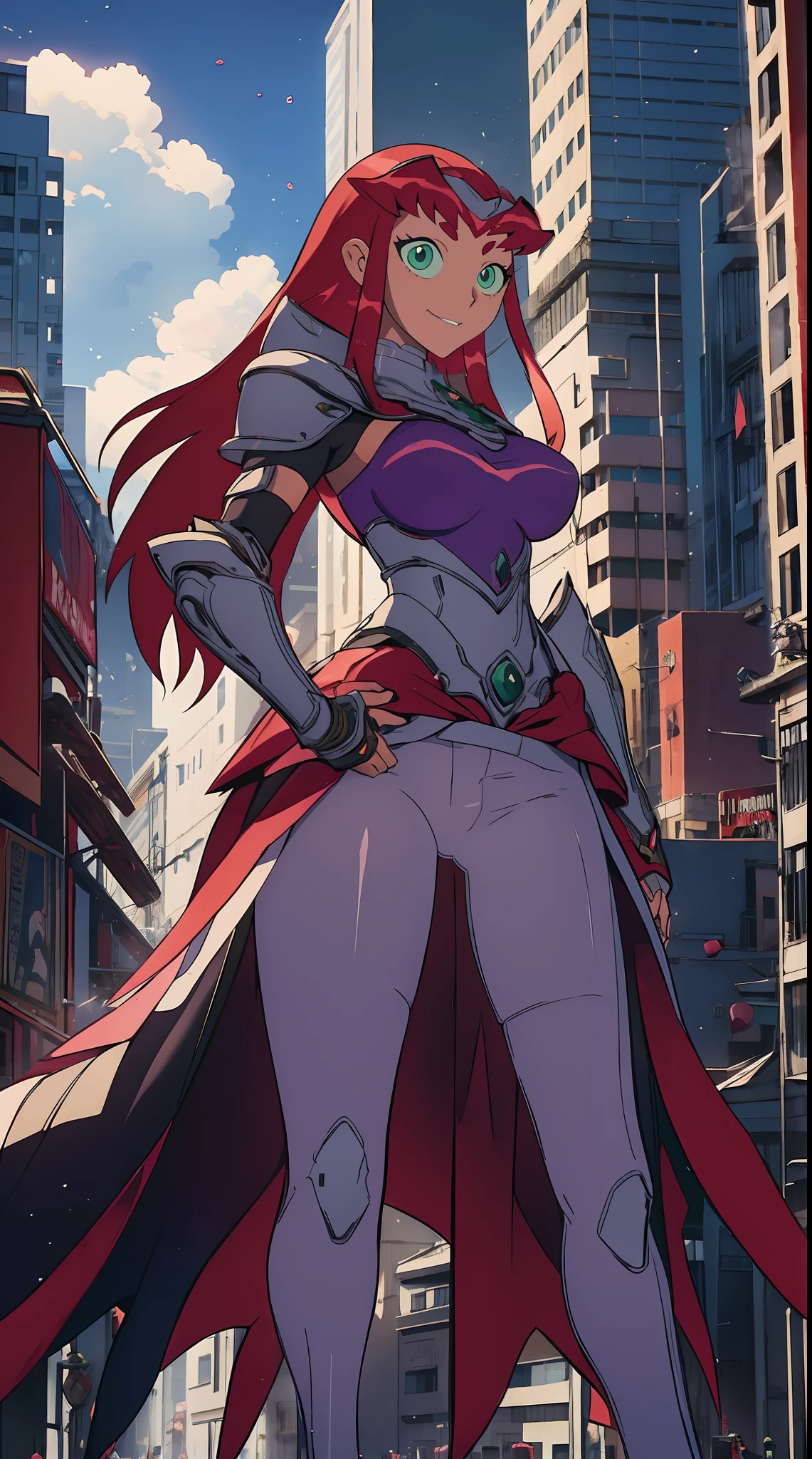 titans, Starfire, anime, masterpiece, 1girl, ((bimbo))), smile face, green eyes, long red hair, , wide hips, thick thigh, big breast, huge ass, shiny skin, purple skirt, purple top, full body, /upscale (icone de um jogo), (icone de peitoral : 1.5), um peitoral , peitoral marrom, chest plate, peitoral pesada marrom, peitoral grosso, peitoral de Armadura intrincada, peitoral de armadura de fantasia pesada, peitoral detalhado, armadura ornamentada, peitoral de Armadura Paladina, peitoral dearmadura de batalha, intrincada peitoral, pants, body suit, sentai armor, metal hero