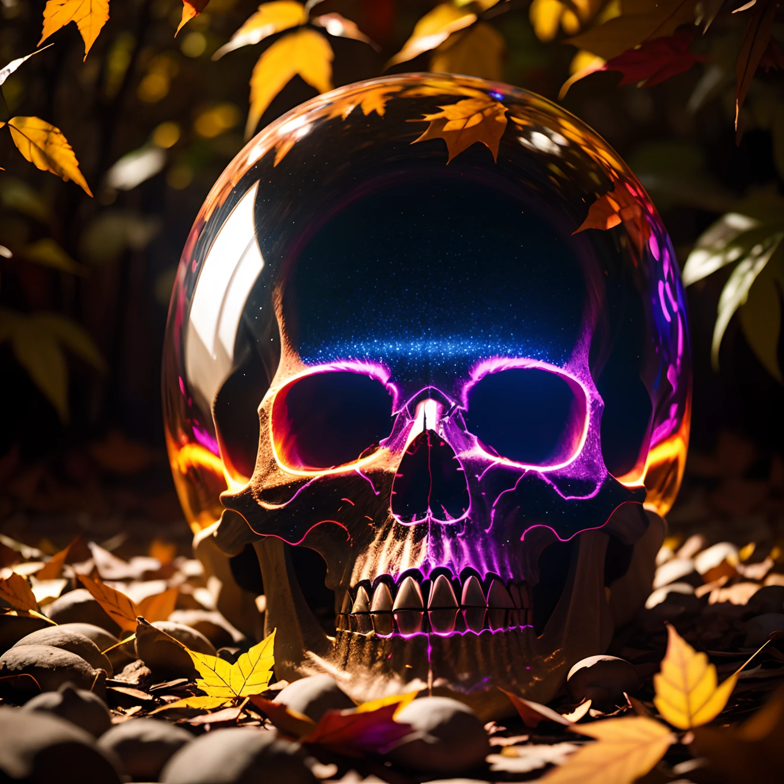 Holography translucent skulls in an autumn setting, raw style