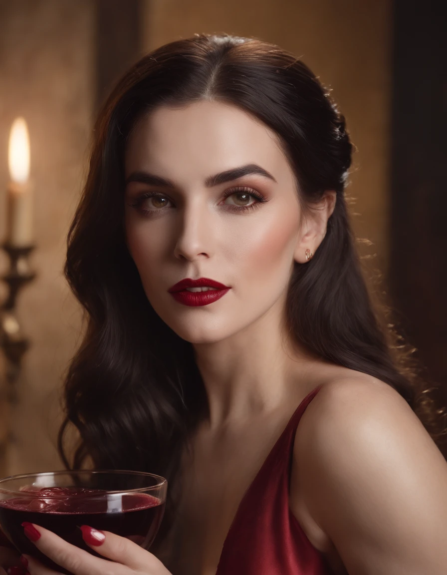 Lady vampire in a red wine bath, vampire fangs, illustration of fantasy book 70's, by boris vallejo|Фрэнк Фразетта style, oil painting Canon EOS 5D Mark IV 85mm lenses f/1.4 - f/2.8