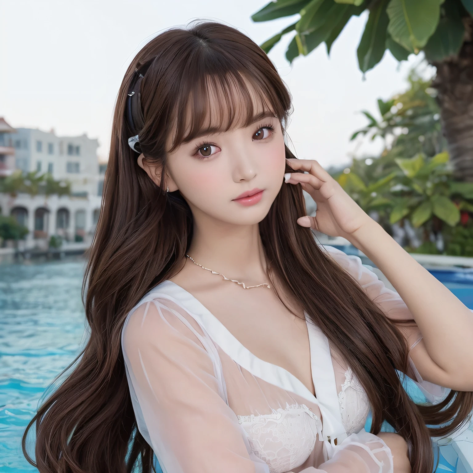 pureerosface_v1, top-quality, Photorealsitic, 8K, hight resolution, 2People Girls, femele, (Skindentation), (portlate:0.6), a gorgeous, dynamicposes, ((poolsidebackground:1.6)), coconut tree, ((Medium Size Round Breast, White blouse:1.4)), straight look at viewer:1.8, (1 Girl's eyes looking at the viewer, medium lenght hair, brown haired, Putted Bangs:1.65), (bokeh dof), (Keep your mouth shut:1.46),a necklace、 Twintail hairstyles,Blue eyes、