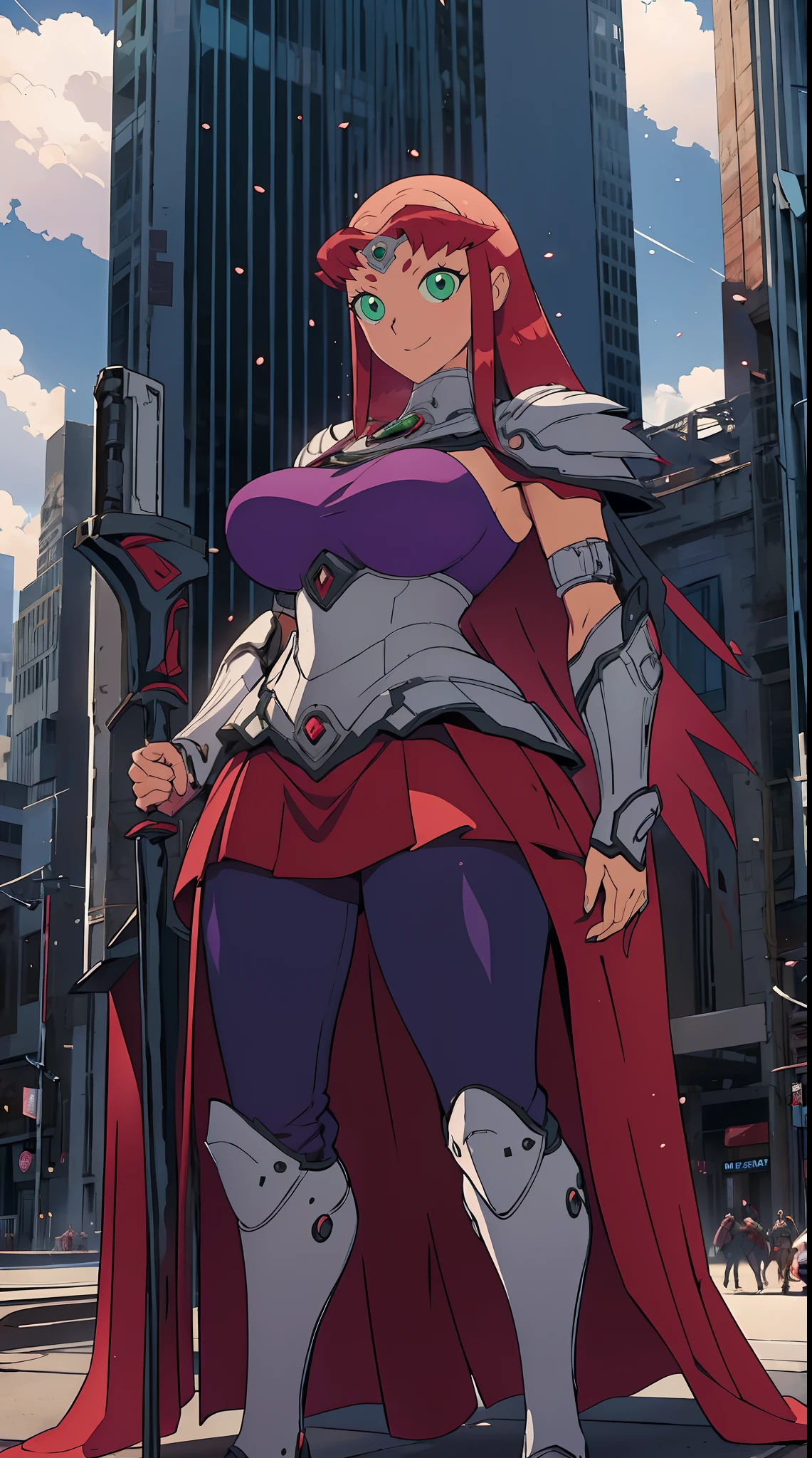 titans, Starfire, anime, masterpiece, 1girl, ((bimbo))), smile face, green eyes, long red hair, , wide hips, thick thigh, big breast, huge ass, shiny skin, purple skirt, purple top, full body, /upscale (icone de um jogo), (icone de peitoral : 1.5), um peitoral , peitoral marrom, chest plate, peitoral pesada marrom, peitoral grosso, peitoral de Armadura intrincada, peitoral de armadura de fantasia pesada, peitoral detalhado, armadura ornamentada, peitoral de Armadura Paladina, peitoral dearmadura de batalha, intrincada peitoral, pants, body suit, sentai armor, metal hero
