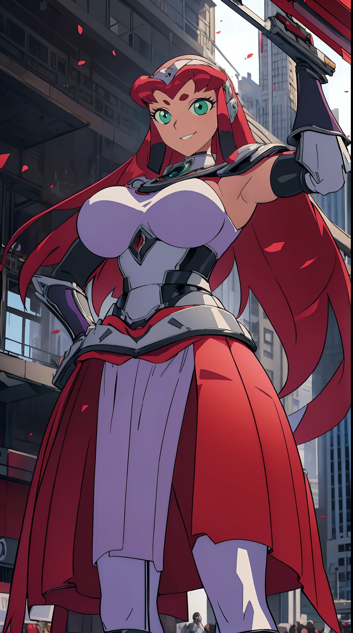 titans, Starfire, anime, masterpiece, 1girl, ((bimbo))), smile face, green eyes, long red hair, , wide hips, thick thigh, big breast, huge ass, shiny skin, purple skirt, purple top, full body, /upscale (icone de um jogo), (icone de peitoral : 1.5), um peitoral , peitoral marrom, chest plate, peitoral pesada marrom, peitoral grosso, peitoral de Armadura intrincada, peitoral de armadura de fantasia pesada, peitoral detalhado, armadura ornamentada, peitoral de Armadura Paladina, peitoral dearmadura de batalha, intrincada peitoral, pants, body suit, sentai armor, metal hero