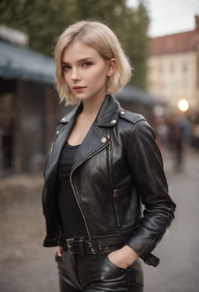 full body Realism, a - ye old gi short blonde hair, big breast, bangs falling, face, light makeup, dressed in a blac leather jacket, dressed in black latex pant, high hels boots