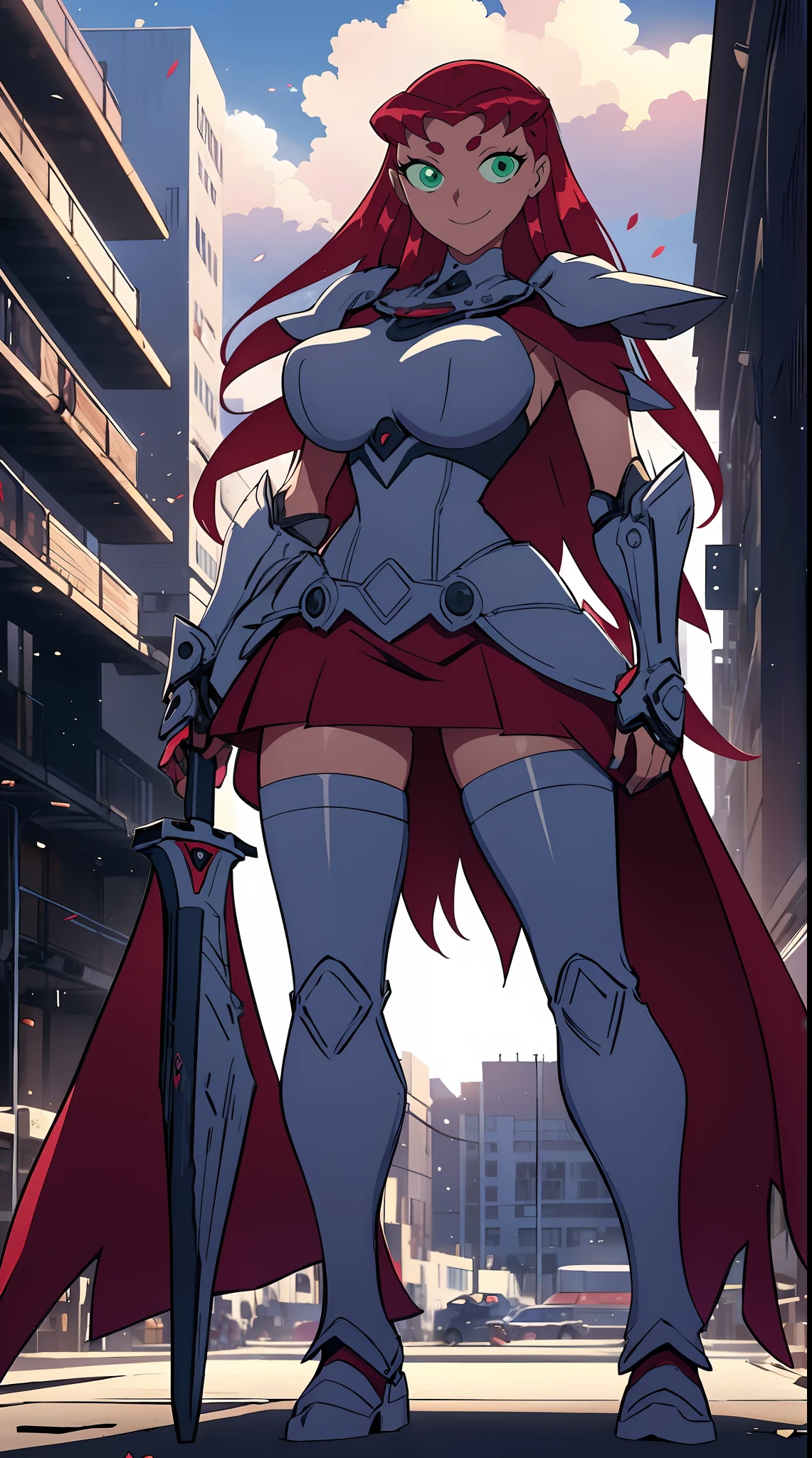 titans, Starfire, anime, masterpiece, 1girl, ((bimbo))), smile face, green eyes, long red hair, , wide hips, thick thigh, big breast, huge ass, shiny skin, purple skirt, purple top, full body, /upscale (icone de um jogo), (icone de peitoral : 1.5), um peitoral , peitoral marrom, chest plate, peitoral pesada marrom, peitoral grosso, peitoral de Armadura intrincada, peitoral de armadura de fantasia pesada, peitoral detalhado, armadura ornamentada, peitoral de Armadura Paladina, peitoral dearmadura de batalha, intrincada peitoral, pants, body suit, sentai armor, metal hero,pants