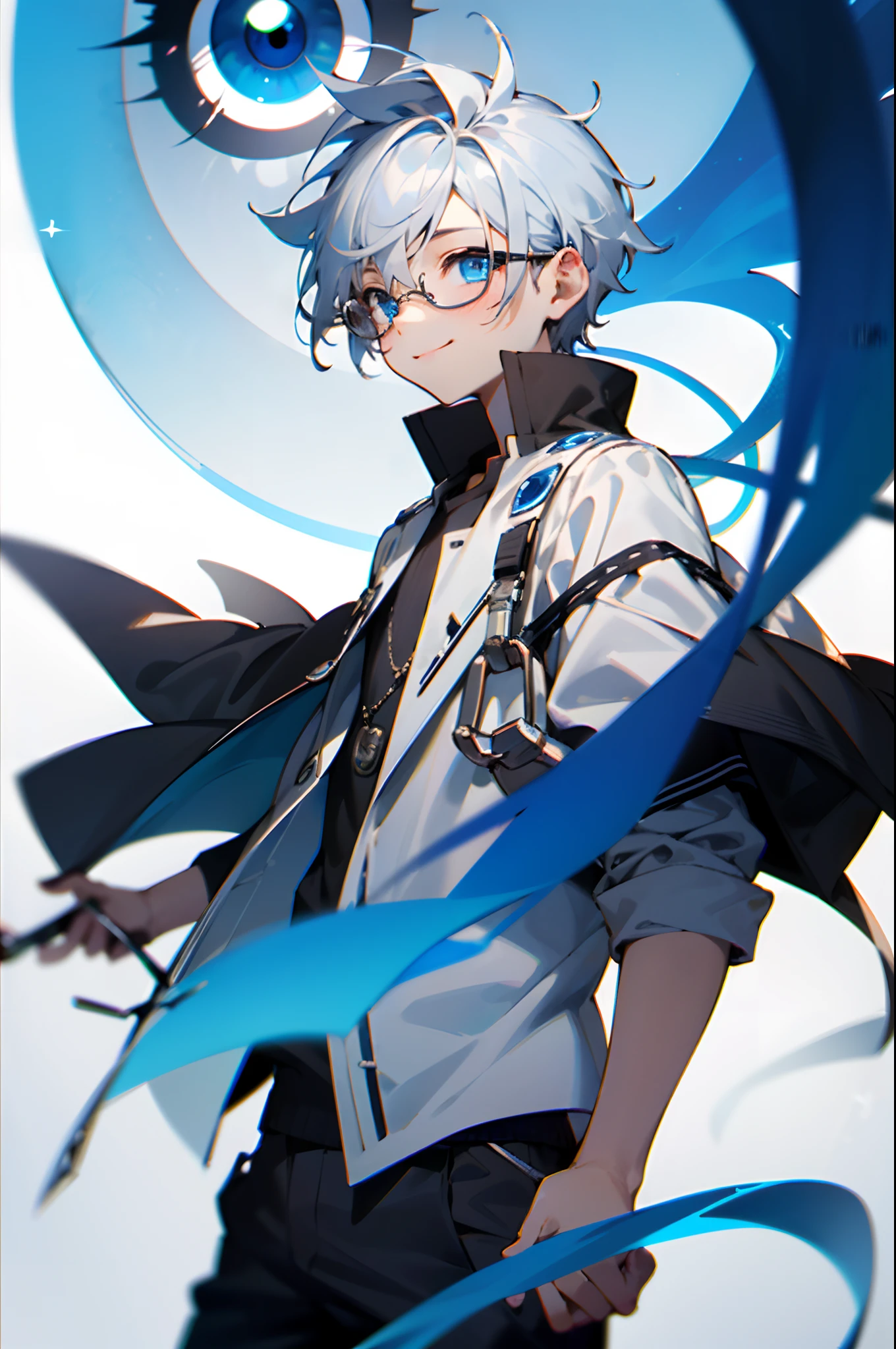 (Male child, eye glasses,blue eyess,A smile, silber hair)