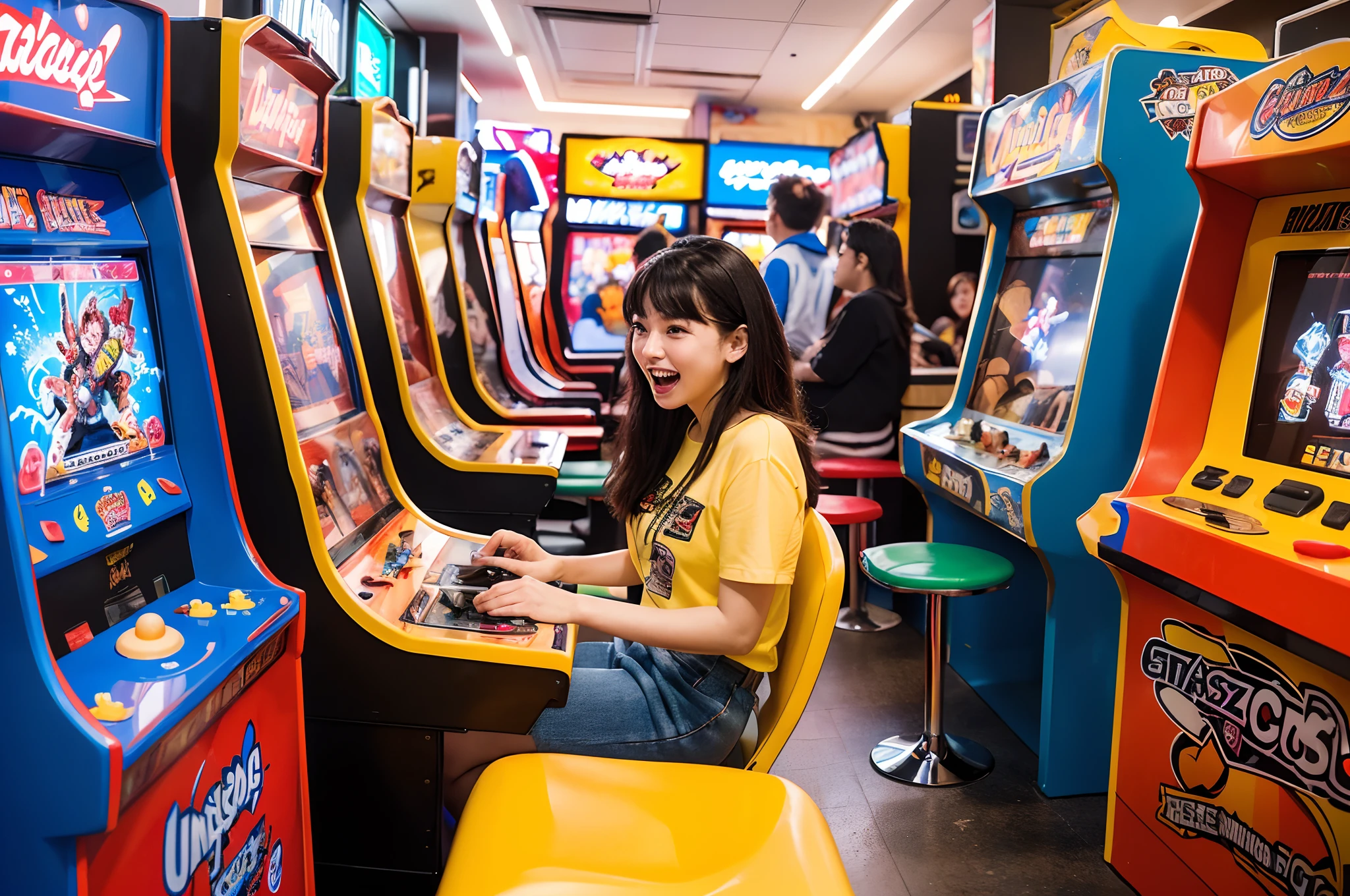 (a lively arcade game competition),(vibrant and eye-catching poster design),(best quality,highres,masterpiece:1.2),(ultra-detailed,realistic:1.37),(retro,illustrative style),(bright and energetic colors),(dynamic lighting effects),(characters enjoying the arcade games),(unique and captivating game machines),(crowded and bustling arcade scene),(competitive atmosphere and intense gameplay),(creative character costumes),(exciting game moments captured),(captivating typography and layout design),(eye-catching graphics and illustrations),(nostalgic arcade elements),(crowd's anticipation and excitement),(arcade game prizes and rewards),(arcade tokens and tickets),(player's determination and concentration),(jukebox playing energetic music),(neon signs and flashy lights),(action-packed game scenes),(inspiring and motivational slogans),(arcade game interfaces and screens),(arcade hall filled with laughter and cheers),(complex digital artworks and patterns),(fun-filled competition atmosphere),(slick gaming controls),(memorable and immersive gaming experience),(techno beats setting the mood),(high scores and leaderboard),(dazzling visual effects),(retro arcade cabinets and buttons),(children and adults all playing together),(authentic and detailed pixel art),(nostalgic arcade sound effects)
