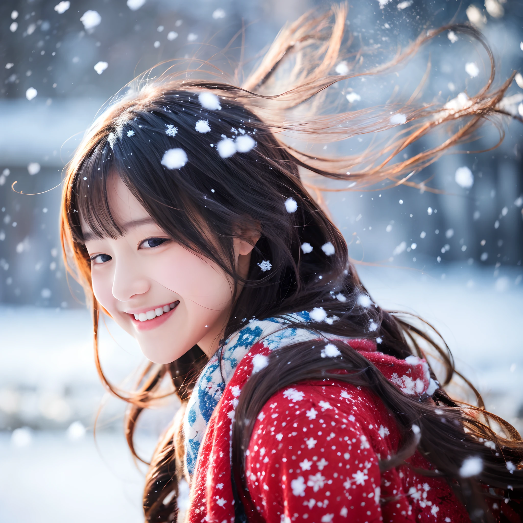 Best Quality, 4K picture quality, 1girl in, Colorful Hanfu, Snow, Long hair fluttering in the wind, Healing smile, Large aperture, Blurred background,