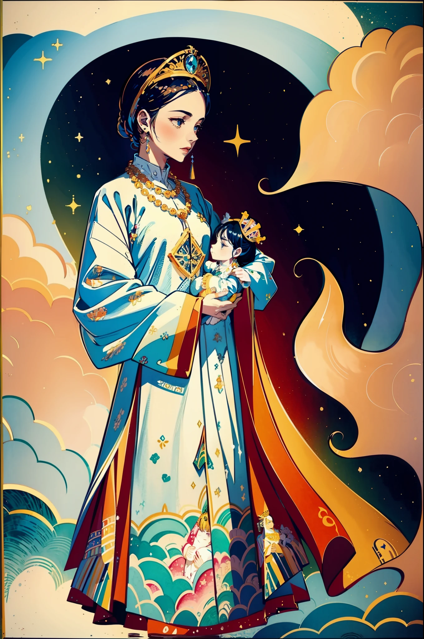 Water colour painting style, The beautiful -yeld qu holds a (baby prin.5) wearing shavings in her arms, Walking, Straight eyes, radiating a brilliant aura, Rosary handle, Crown Team, (Systemic: 2.0), Stand in the cloud, our lady, (full body: 2.0)