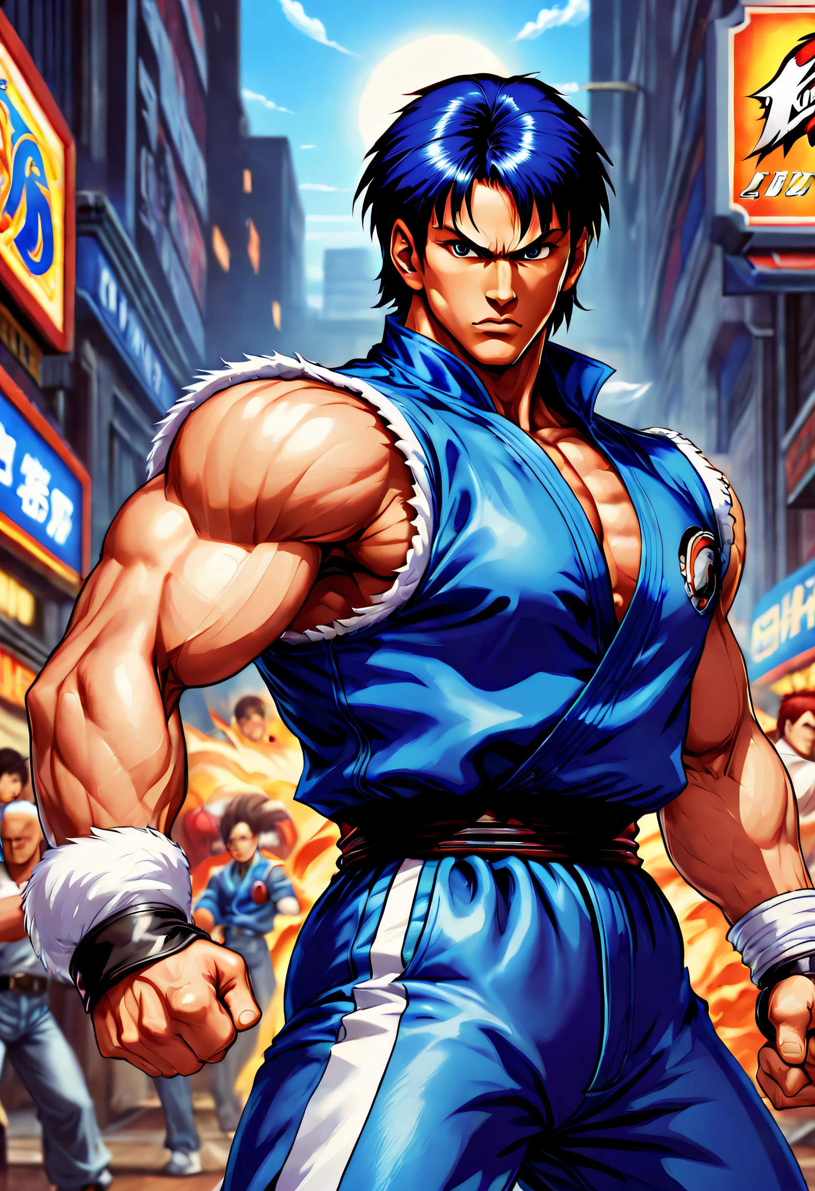 80shair,Retro,Arcade games,Nostalgia,《The King of Fighters 97》, A close-up of a video game,A man dressed in blue, king of fighters style, fighting game character, fighting game, Street Fighter, inspired by Daryush Shokof, game asset of fighters, 《king of fighter》role, Hyper Sharp Image, the wallpaper!, game poster, sharp high quality artwork, game screens hot, baki style