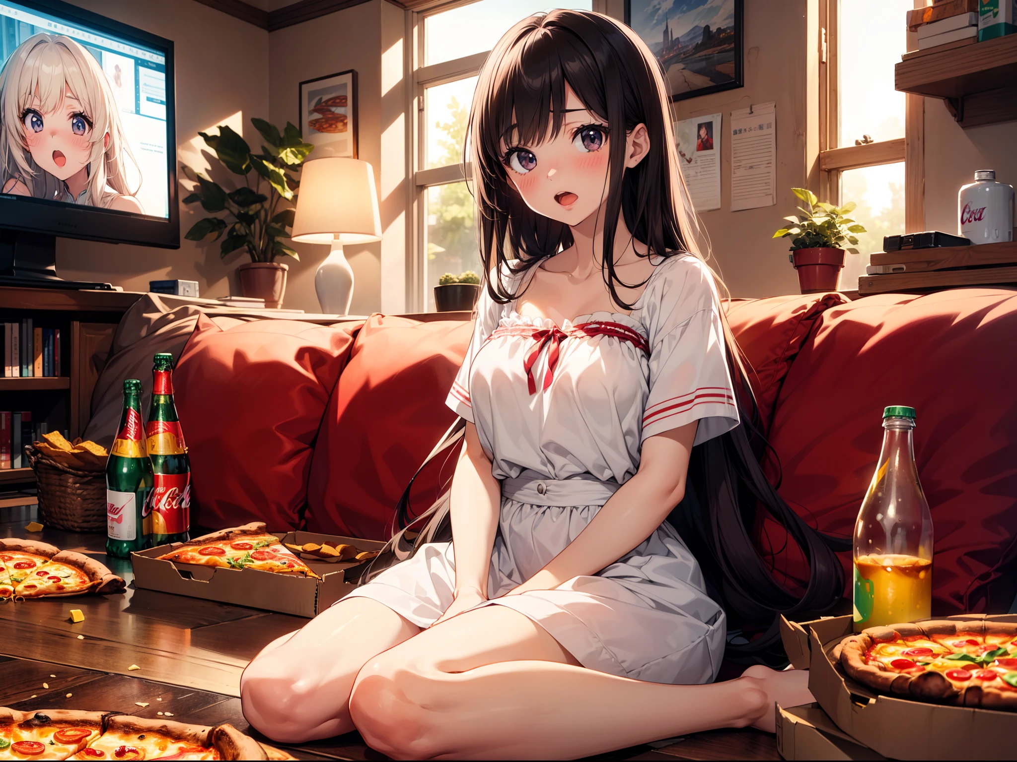 1 cute girl, sitting floor,watching TV, upper body, character focus  ,close to viewer, coke, plastic bottles, crisps , pizza , open mouth,blush , high resolution,(incredibly absurdres), (hires.fix:1.3),anime visual,extremely detailed CG unity 8k wallpaper, ((masterpiece)), ((top-quality)), (beautiful illustration), ((an extremely delicate and beautiful))