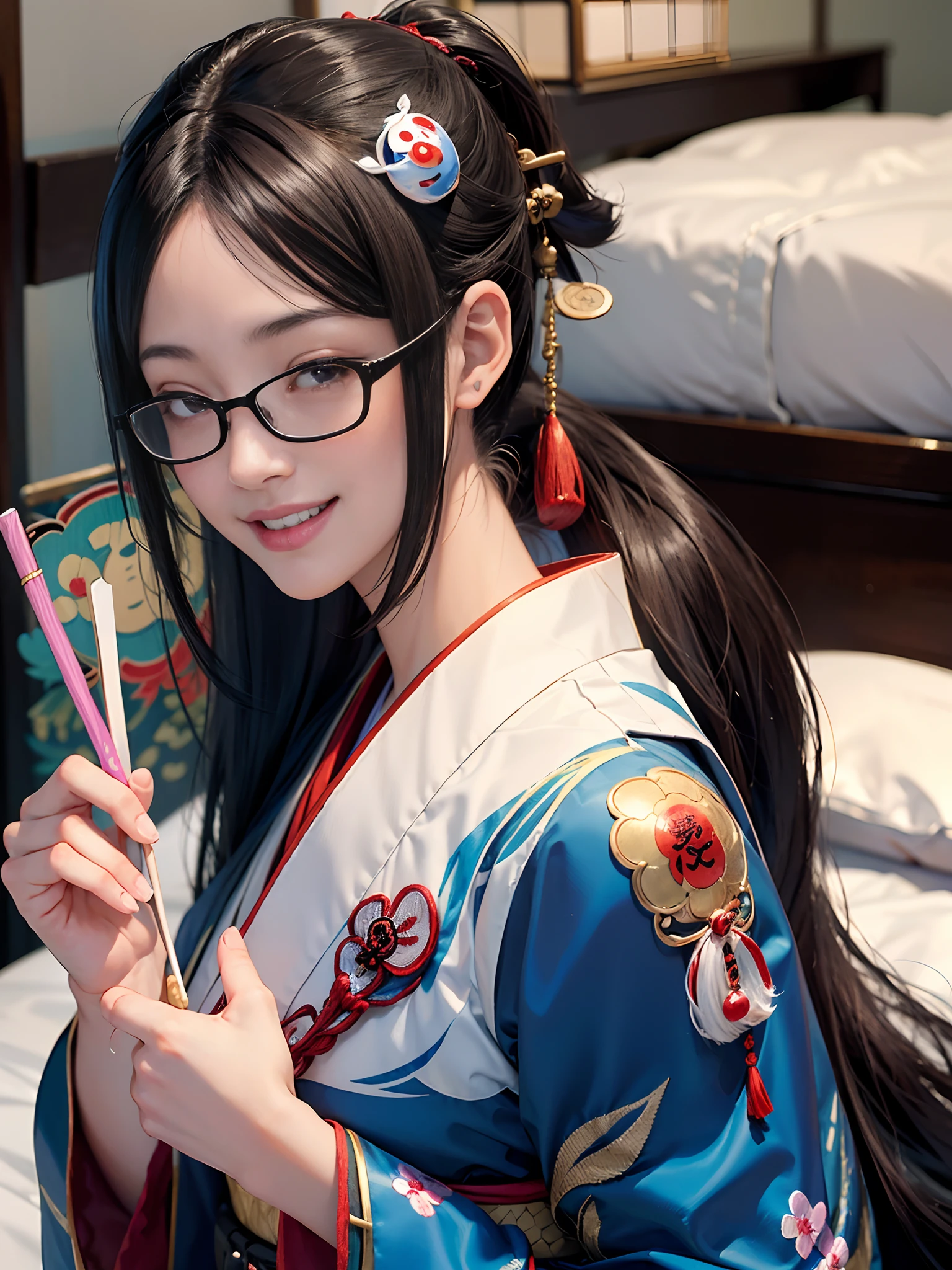 (rokoko:1.5),Background of details(Lying in bed:1.2),BREAK ,elaborate costume(Luxury kimono(Colorful kimono(detailed embroidery(Yokai embroidery)))),BREAK,(1 Beautiful and classy adult woman(Shy smile:1.5)(Japanese actressl:1.2)(glossy dark hair(poneyTail:1.2))),(eye glass(four corners:1.2)),(Have a soft-serve ice cream:1.2),BREAK,Wallpapers 16K,Blur the background,(masutepiece:1.5),(Best Quality:1.5),(Portrait photos:1.5),full bodyesbian