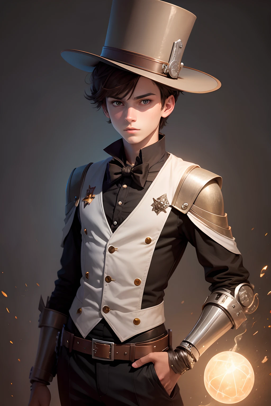 half robot 16yr old boy, brown hair wearing a magician hat