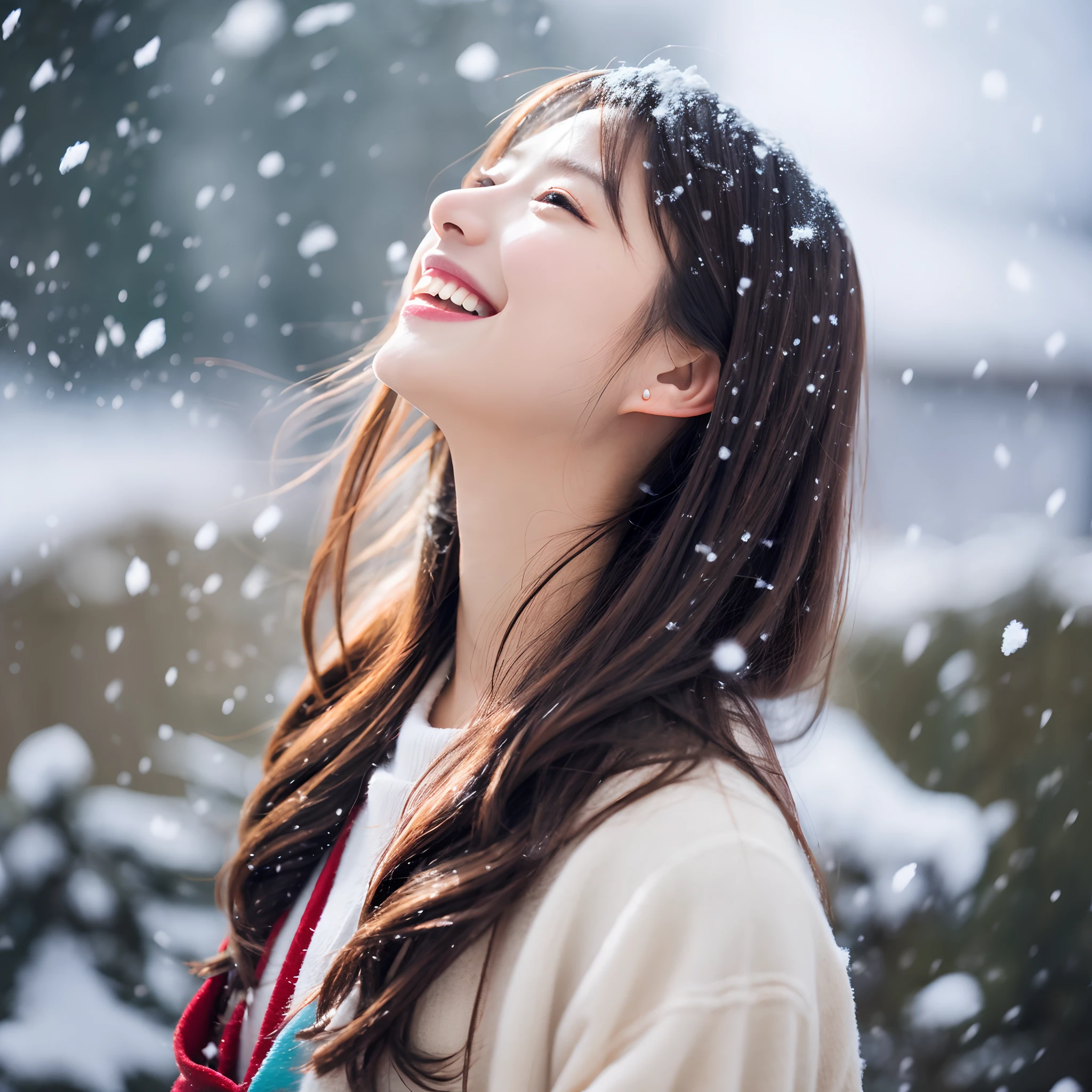 Best Quality, 4K picture quality, 1girl in, Colorful Hanfu, Snow, Long hair fluttering in the wind, Healing smile, Large aperture, Blurred background,